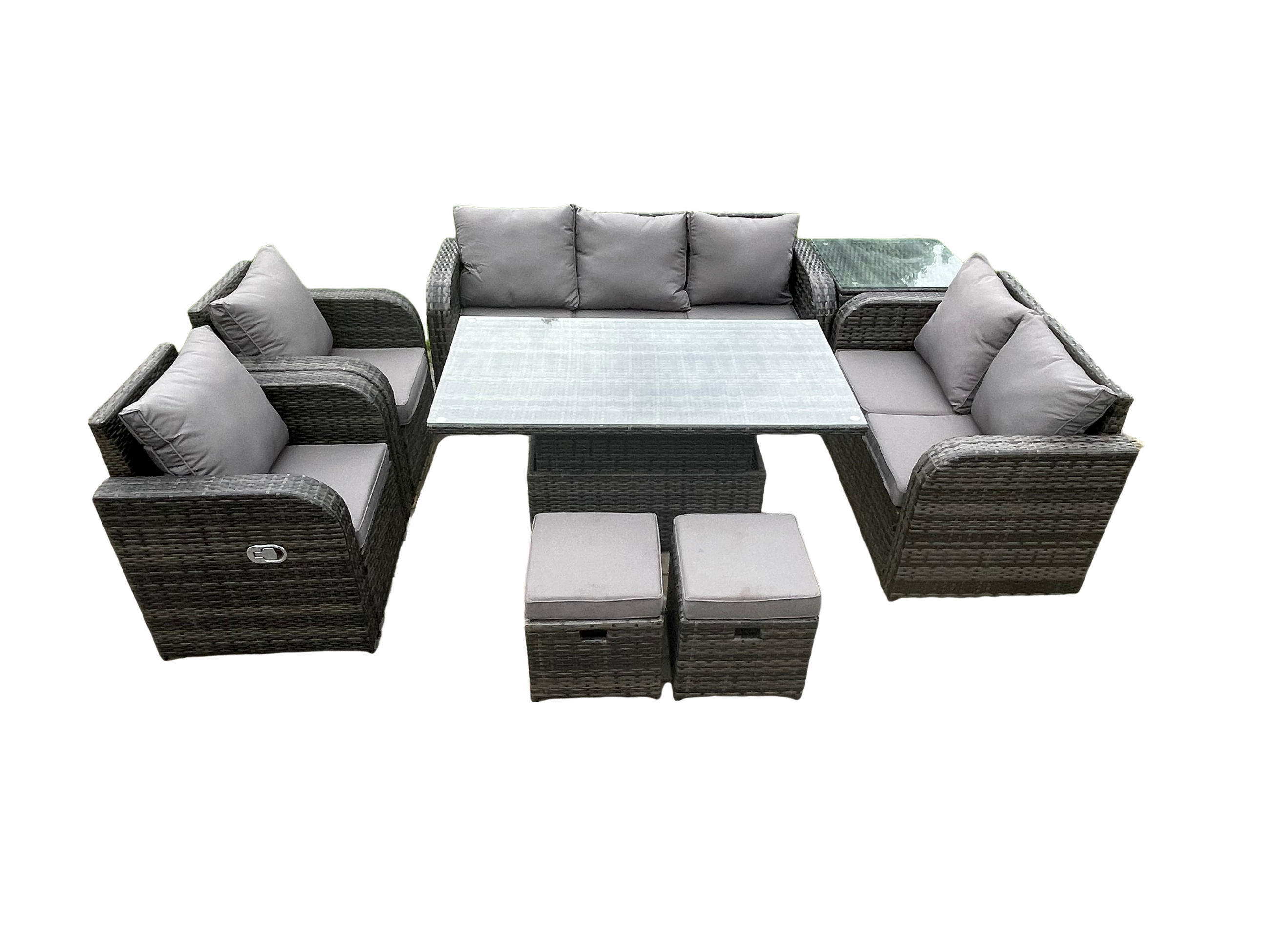 SITZGRUPPE GARTENSET MIT COUCHTISCH Polyrattan Outdoor 9-Sitzer - Dunkelgrau/Grau, Glas/Kunststoff - Fimous