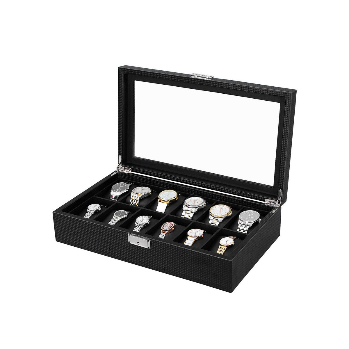 UHRENBOX FÜR 12 UHREN MIT BEZUG - Schwarz, Holzwerkstoff (9/36.2cm) - Hansiro