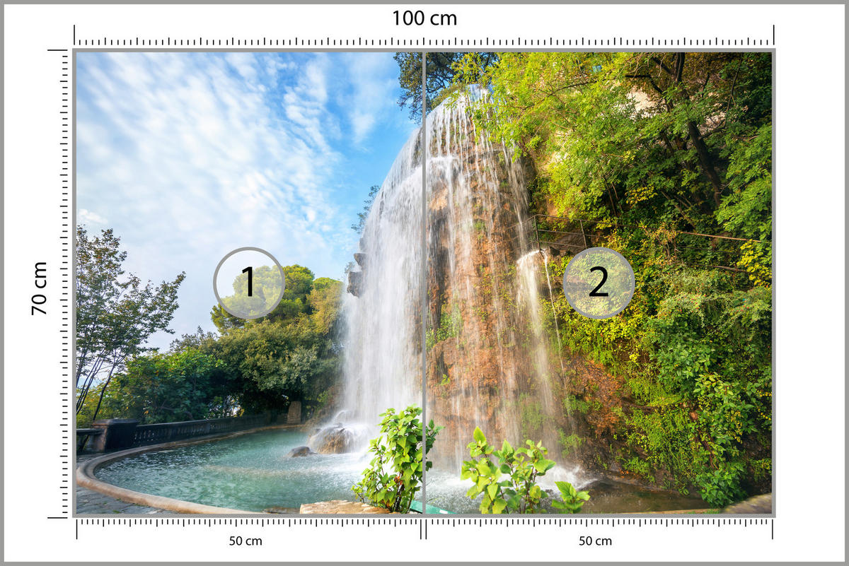 FOTOTAPETE für Wohnzimmer Wasserfall Nizza Felsen Pflanzen Bäume 100x70 - Blau/Beige, Papier (100/70cm) - Muralo