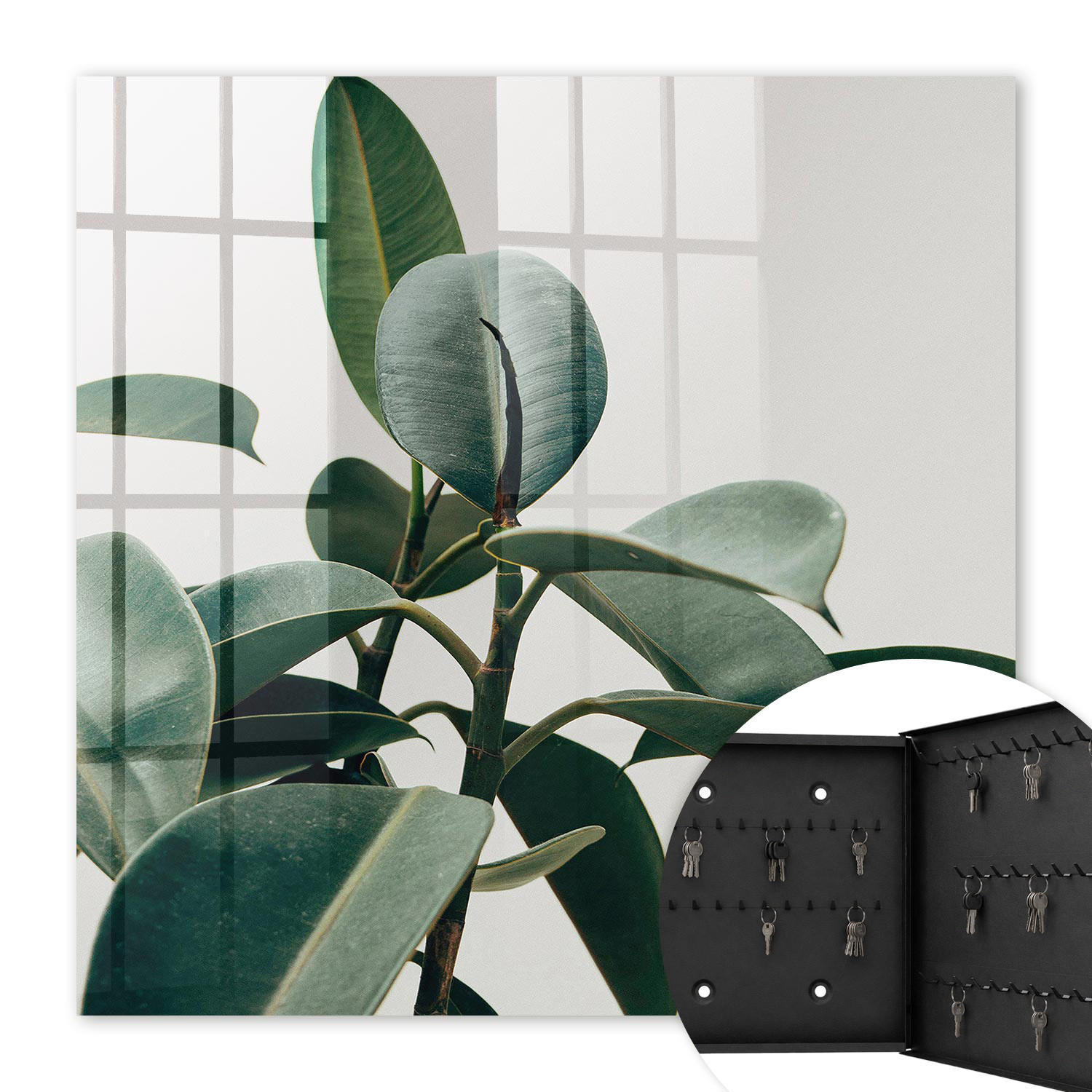 SCHLÜSSELBOX Schwarz 30x30 cm- Türöffnung nach rechts - Ficusblätter - Grün, Metall (30/30/5cm) - TULUP