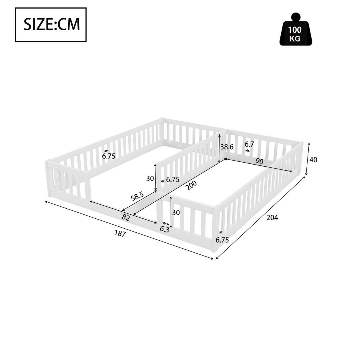 KINDERBETT 204/187/40 cm mit 2 Liegeflächen 90/200 cm und Sicherheitsgitter - Weiß, Holzwerkstoff (90/200cm) - BEAOK