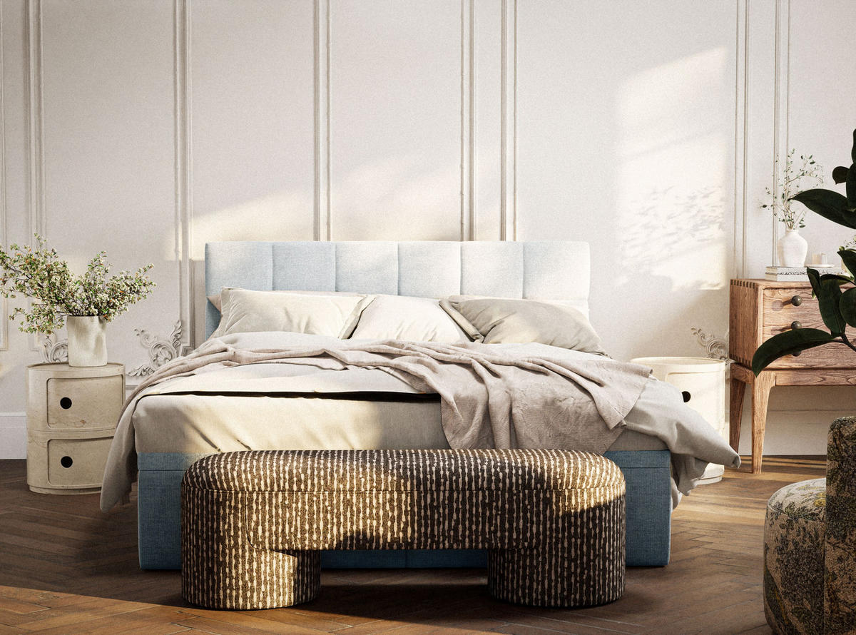 BOXBETT 160/200 cm Gotu S, in Hellblau, Matratze, gepolstertes Kopfteil, Bettkasten, H3 = fest - Schwarz/Hellblau, Holz/Holzwerkstoff (160/200cm) - Maison de Reve