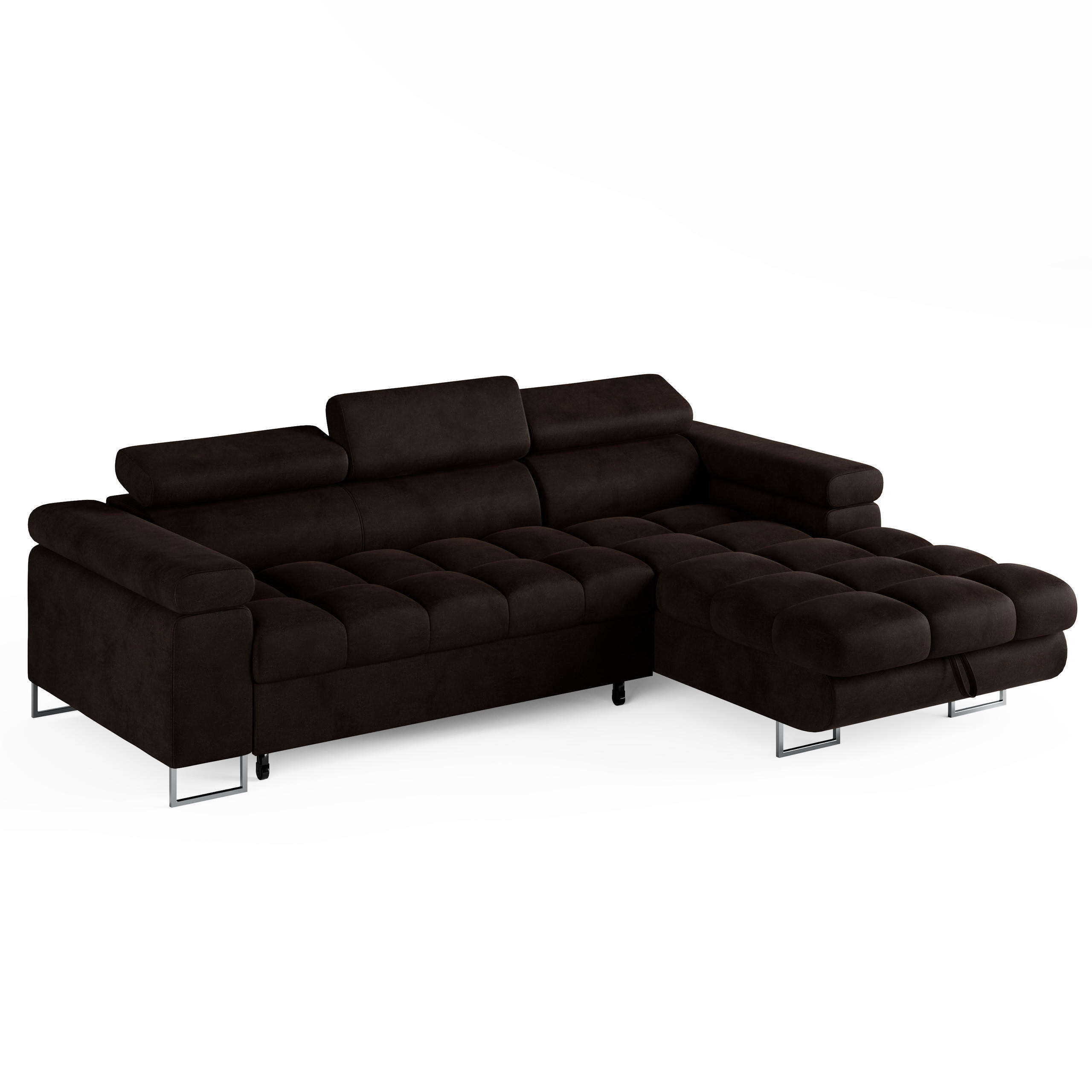 ECKSOFA CLOUD Rechts Braun L-Form Velours-Stoff mit Schlaffunktion und Bettkasten - Chromfarben/Dunkelbraun, Holz/Metall (175/235cm) - Barchello