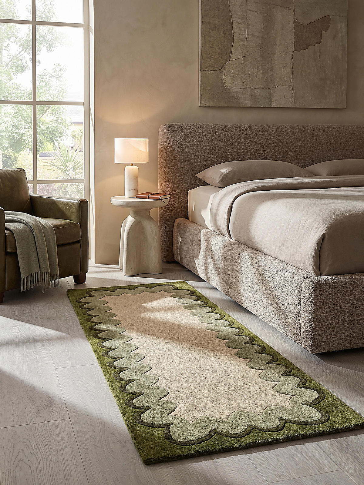 LÄUFER handgetuftet WAVENEY, in Olivgrün, Zickzack-Wellenbordüre, 80 x 230 cm - Grün, Textil (80/230cm) - KADIMA DESIGN