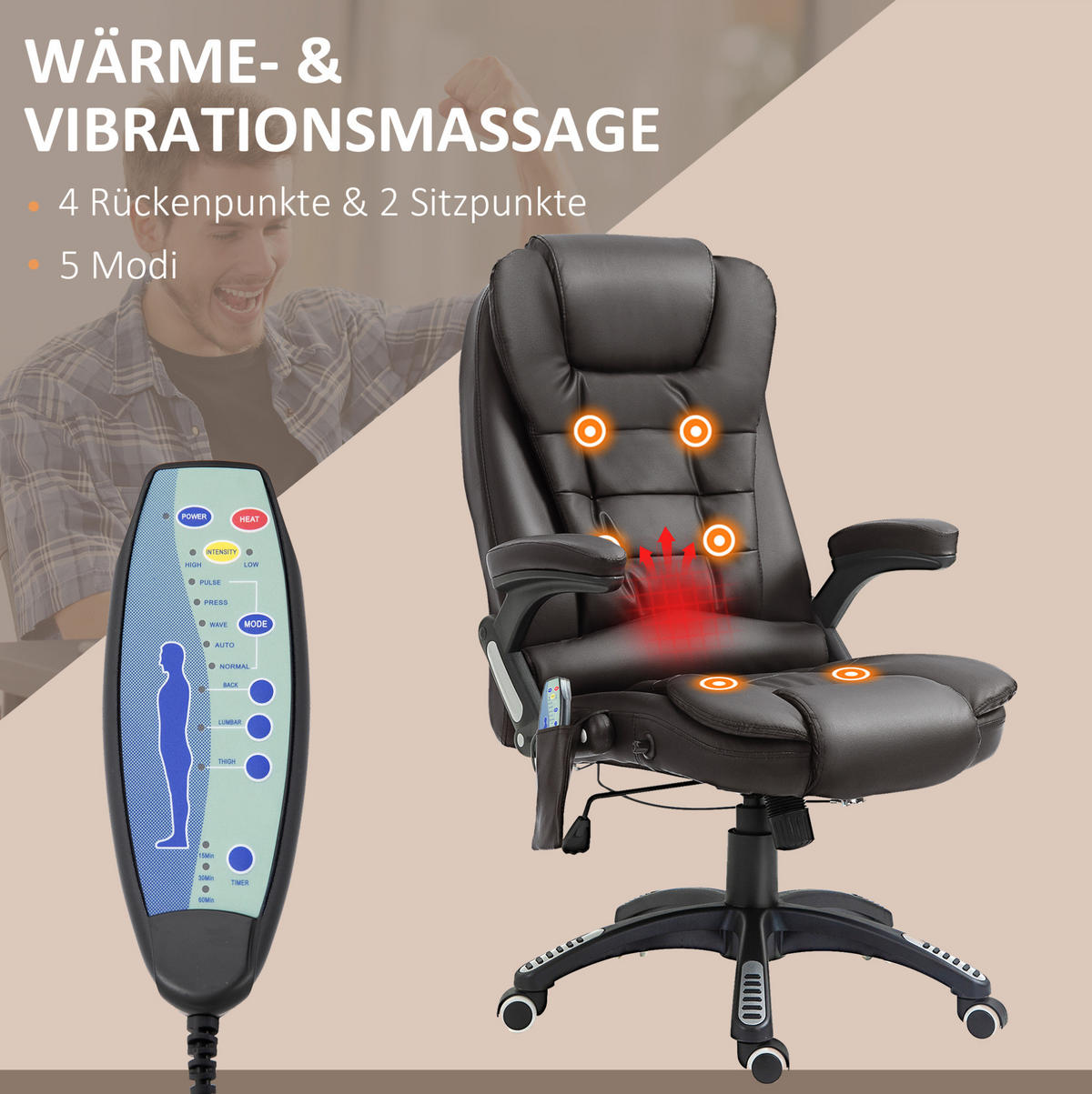 CHEFSESSEL in Braun 68x62x121 cm mit Vibrationsmassage und Wärmefunktion - Braun, Kunststoff (62/121/68cm) - IVMEU
