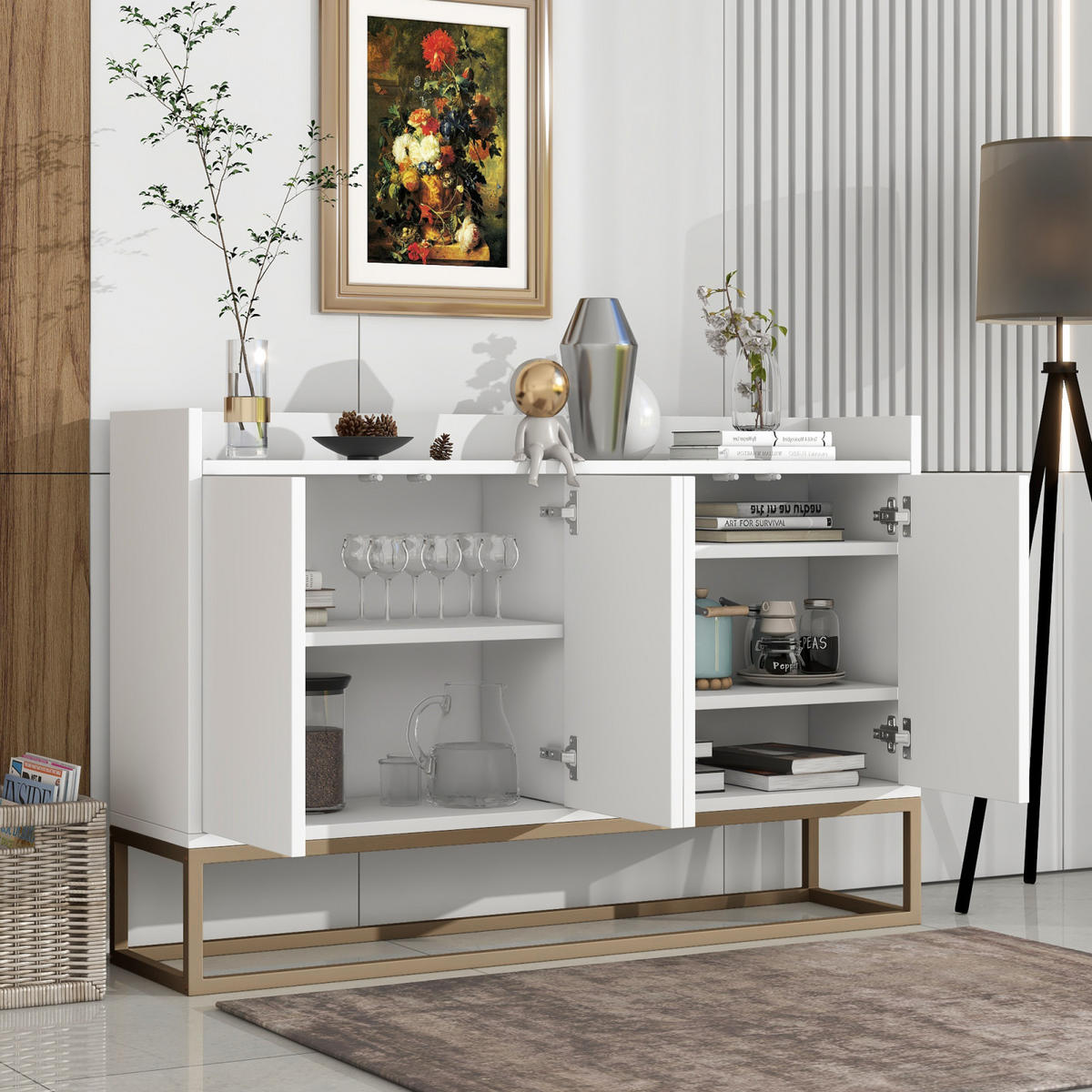 SIDEBOARD, Kommode mit 4 Türen, Verstellbaren Einlegeböden und goldenen Metallrahmen, Weiß - Weiß, Holz (30/80/120cm)