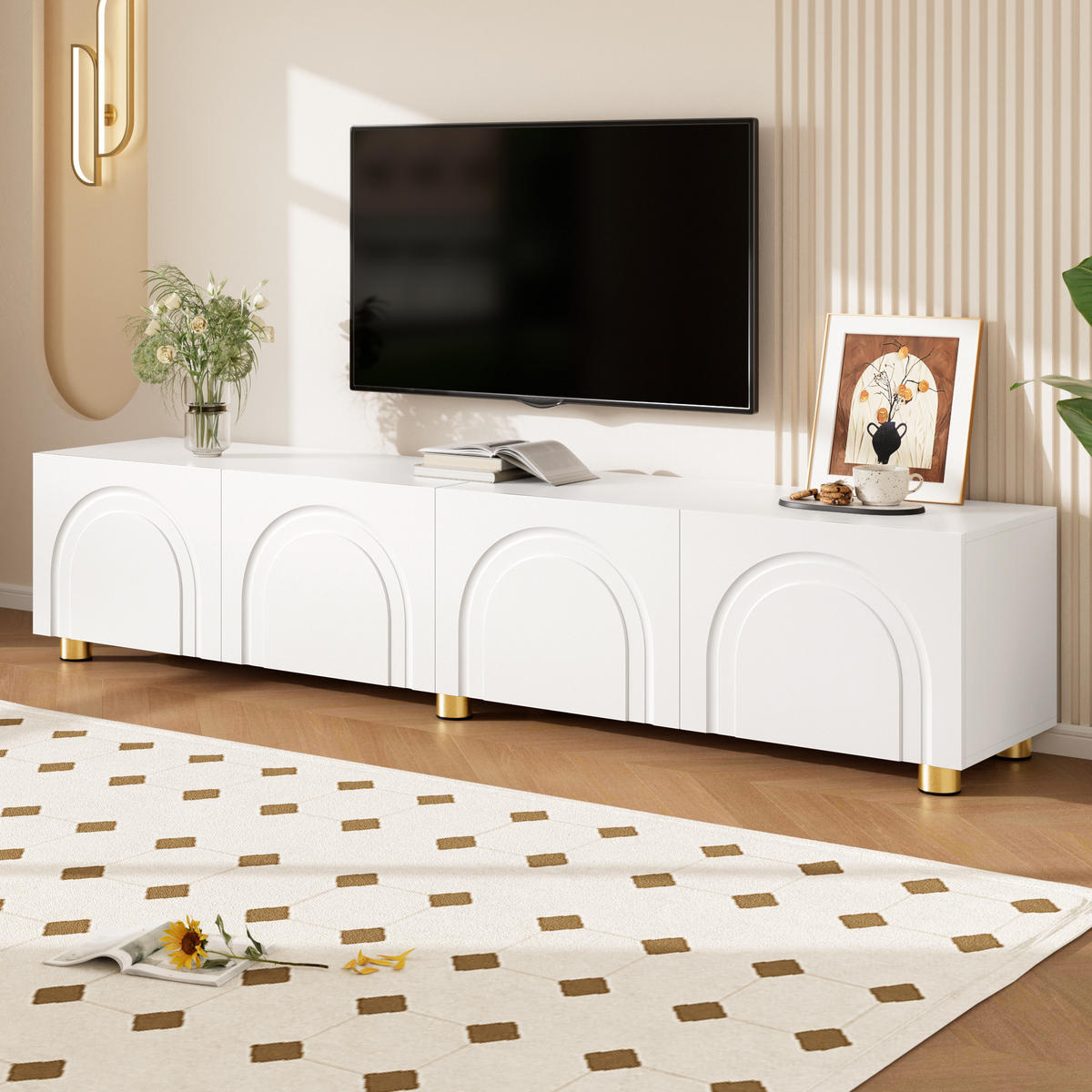 TV-SCHRANK Lowboard 4 Türen Bogenrelief Metallfüße - Weiß, Holzwerkstoff (35/40/180cm) - FLIEKS