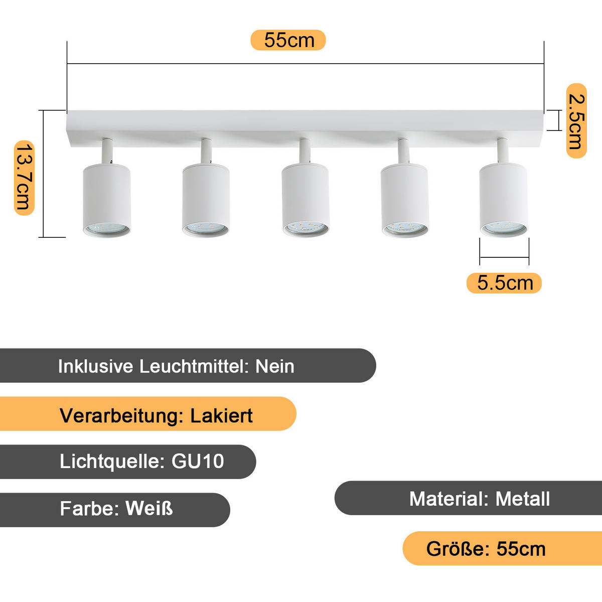 STRAHLER Roger 5-flammig 55/3/14 cm - Weiß, Metall (55/3/14cm) - Nettlife