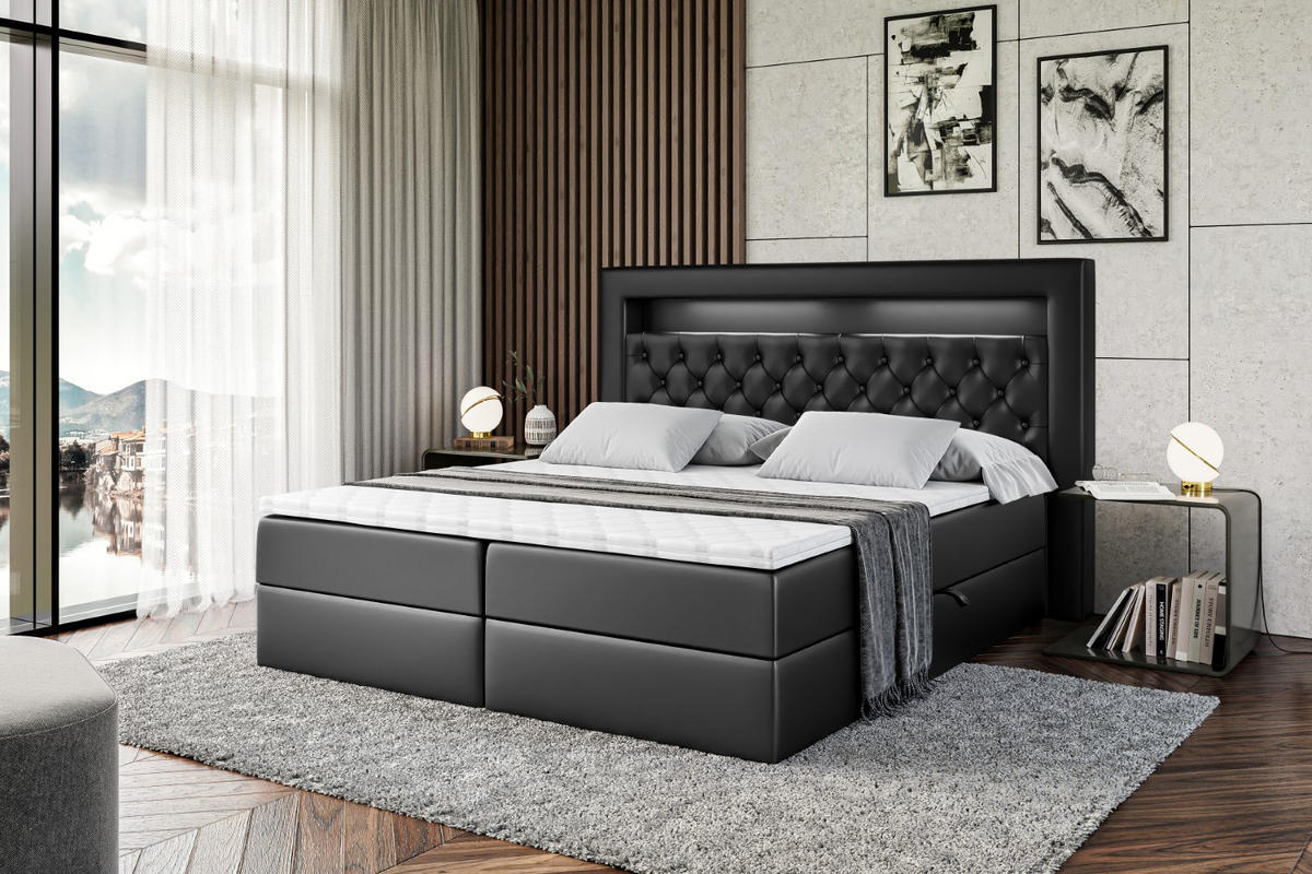 BOXBETT LED mit H4-Matratze und Lattenrost - NOEL GOLD - 140x200 Schwarz Hochglanz - Schwarz Hochglanz, Holzwerkstoff (140/200cm) - ALTDECOR