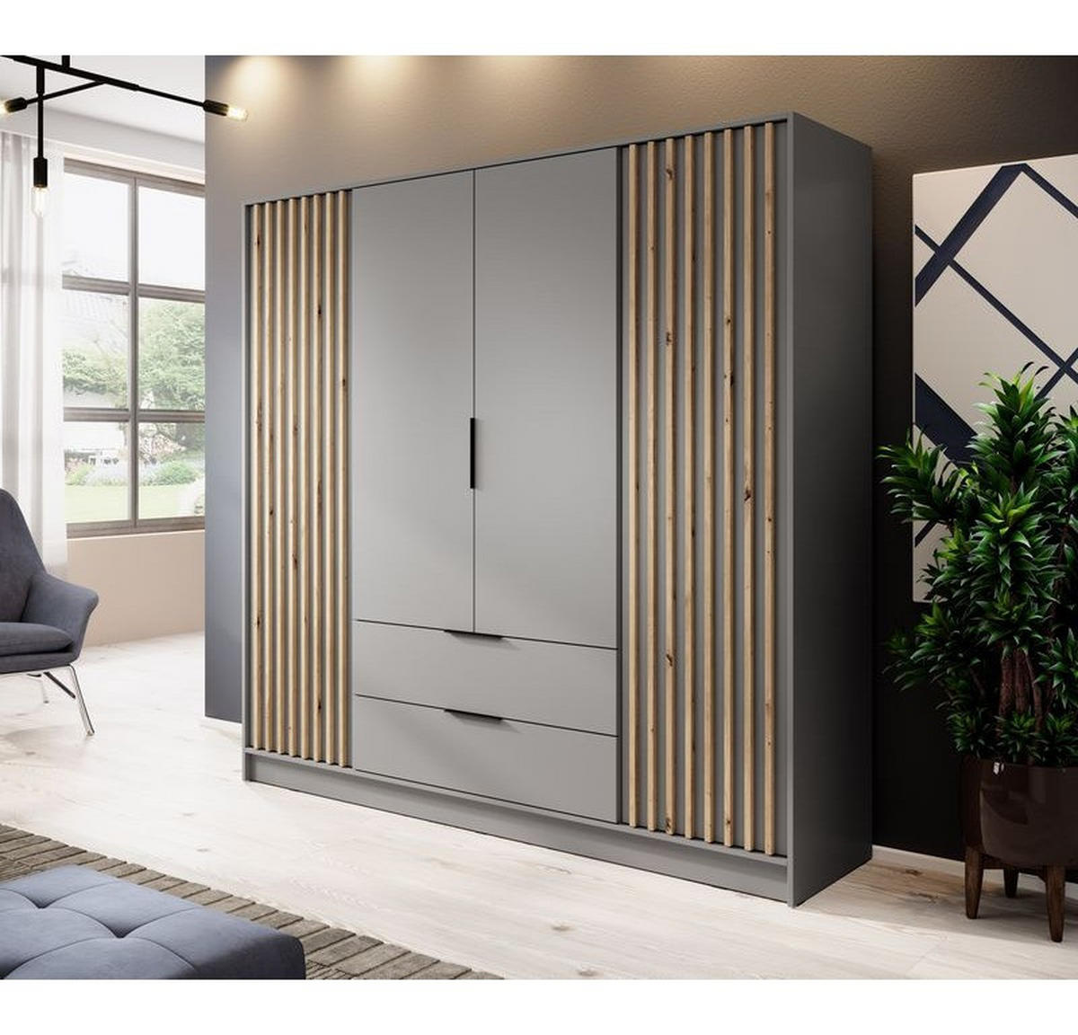 KLEIDERSCHRANK – 206 cm – Nelly – Grau - Grau, Holzwerkstoff (206/200/51cm) - hi-markt