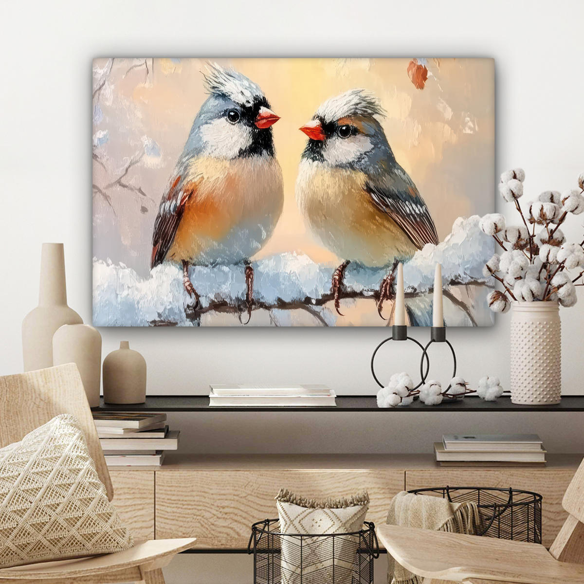LEINWANDBILD Vögel - Zweig - Winter - Schnee Wanddeko 90x60 cm - Pastellblau, Textil (90/60cm) - MuchoWow