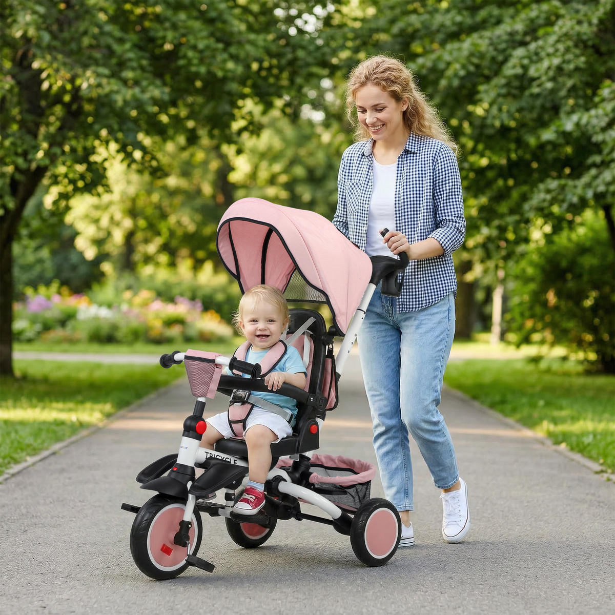 KINDERDREIRAD DE-10488 6-in-1 Buggy mit Schiebegriff Schwarz - Pink, Metall (111.5/52/98cm) - ComfortXL