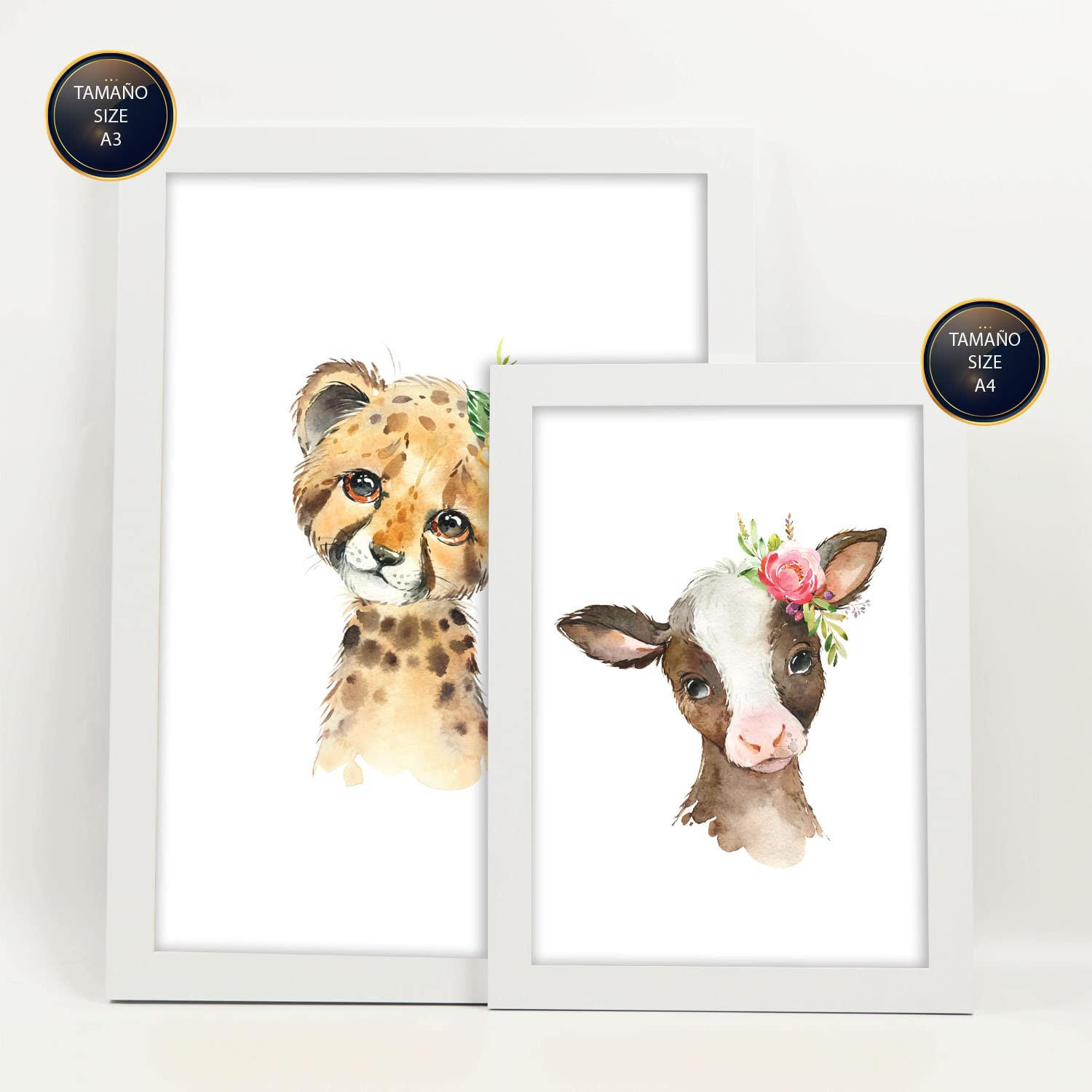 POSTER Set Mit 6 Blumentiere Weißer Hintergrunddruck Mit Baby Tiermotiven Im Pastell Aquarell Stil Innenarchitektur A3 & A4 Weißer Rahmen - Weiß, Papier (29/3cm) - Nacnic