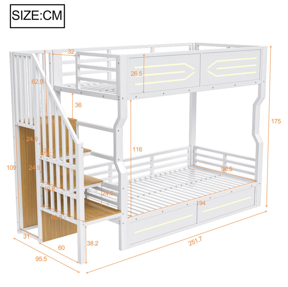 HOCHBETT 90/200 cm Weiß mit LED und Stauraumtreppe - Weiß, Metall (90/200cm) - MIVRAY