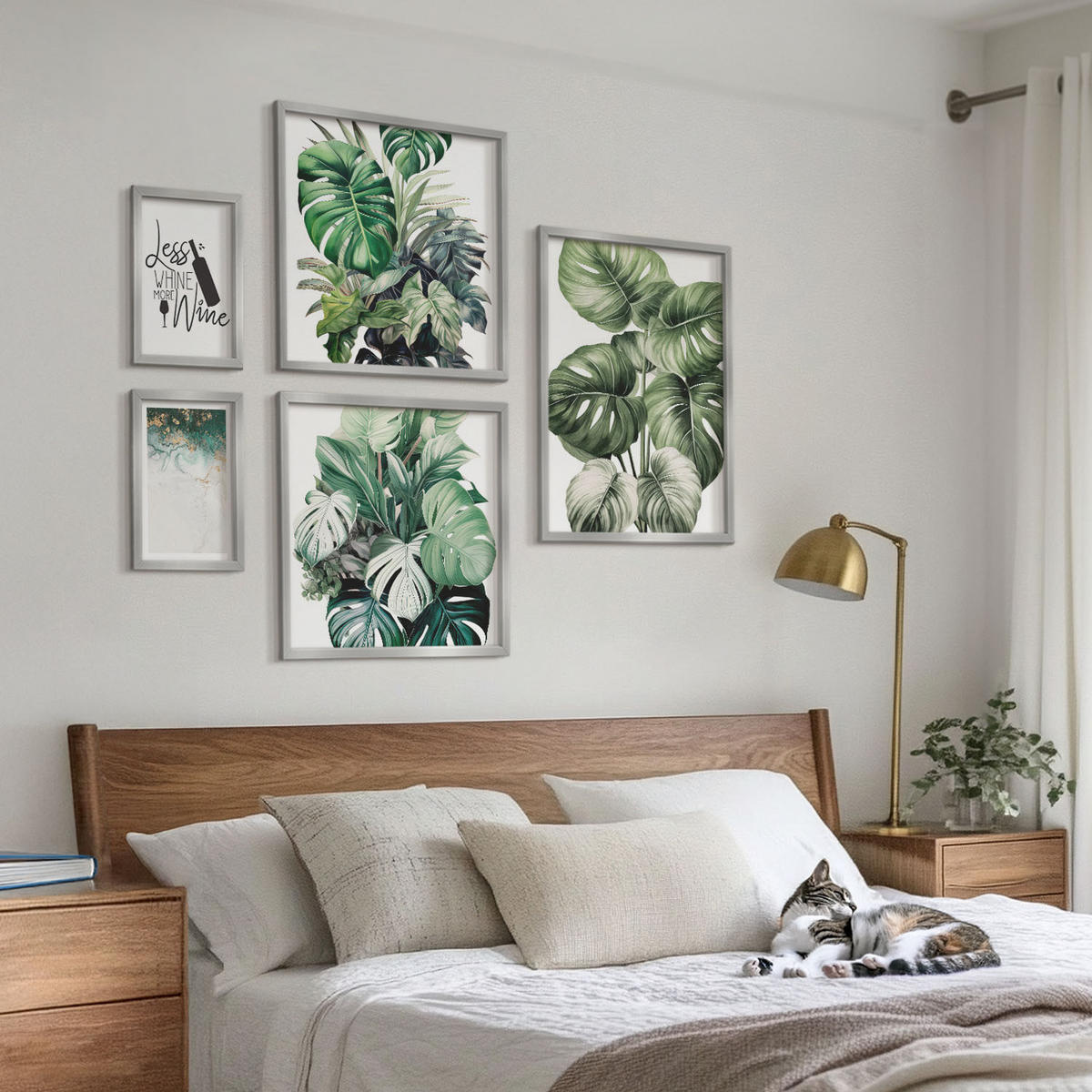 BILDER SET 5er Set - 50x50 cm & 20x30 cm & 40x60 cm Silberner Rahmen - Grüne Weinblätter - Silberfarben, Kunststoff (40/60cm) - TULUP