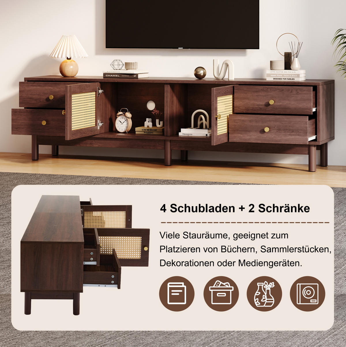 LOWBOARD 180/35/44 cm Braun aus Holzwerkstoff mit Rattantüren und Kabelmanagement - Rotbraun, Holzwerkstoff (35/44/180cm) - OKMYHOME