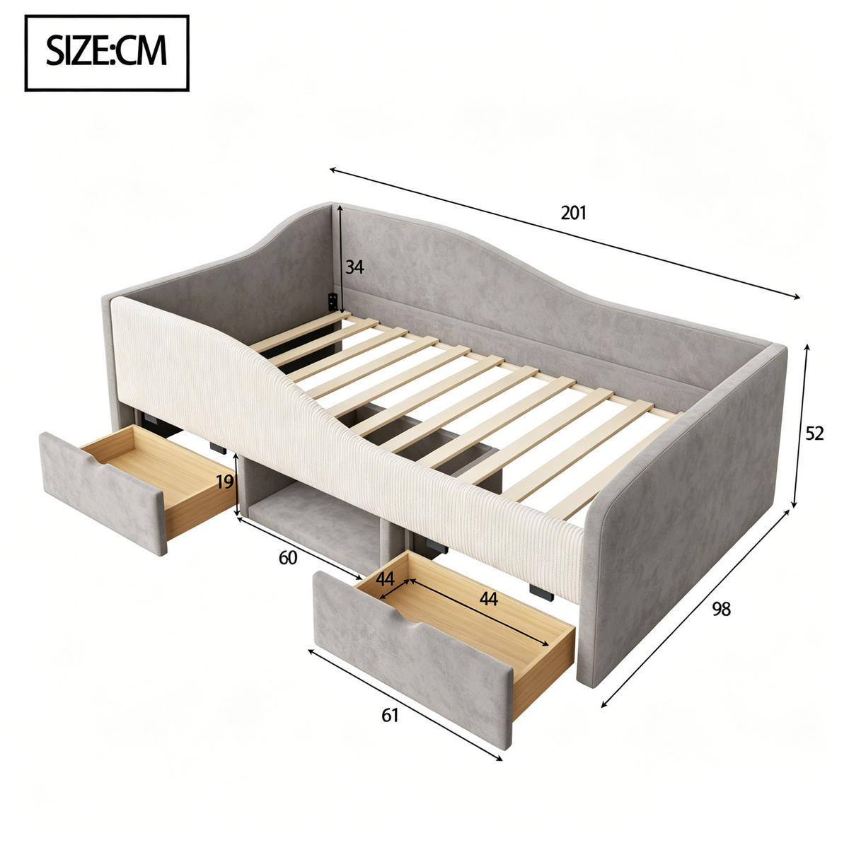 POLSTERBETT 90/190 cm aus Samt mit Schutzgitter, Grau - Grau, Textil (90/190cm) - OKMYHOME