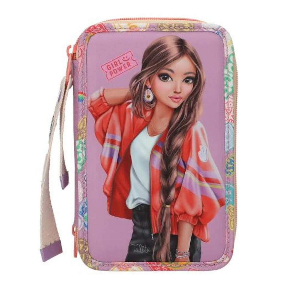 3-FACH FEDERTASCHE MIT ANHÄNGER GIRL POWER INKL. STIFTE TOPModel violett 7,5 x 13 x 20 cm - Violett, Kunststoff (13/20/7.5cm) - Depesche Germany