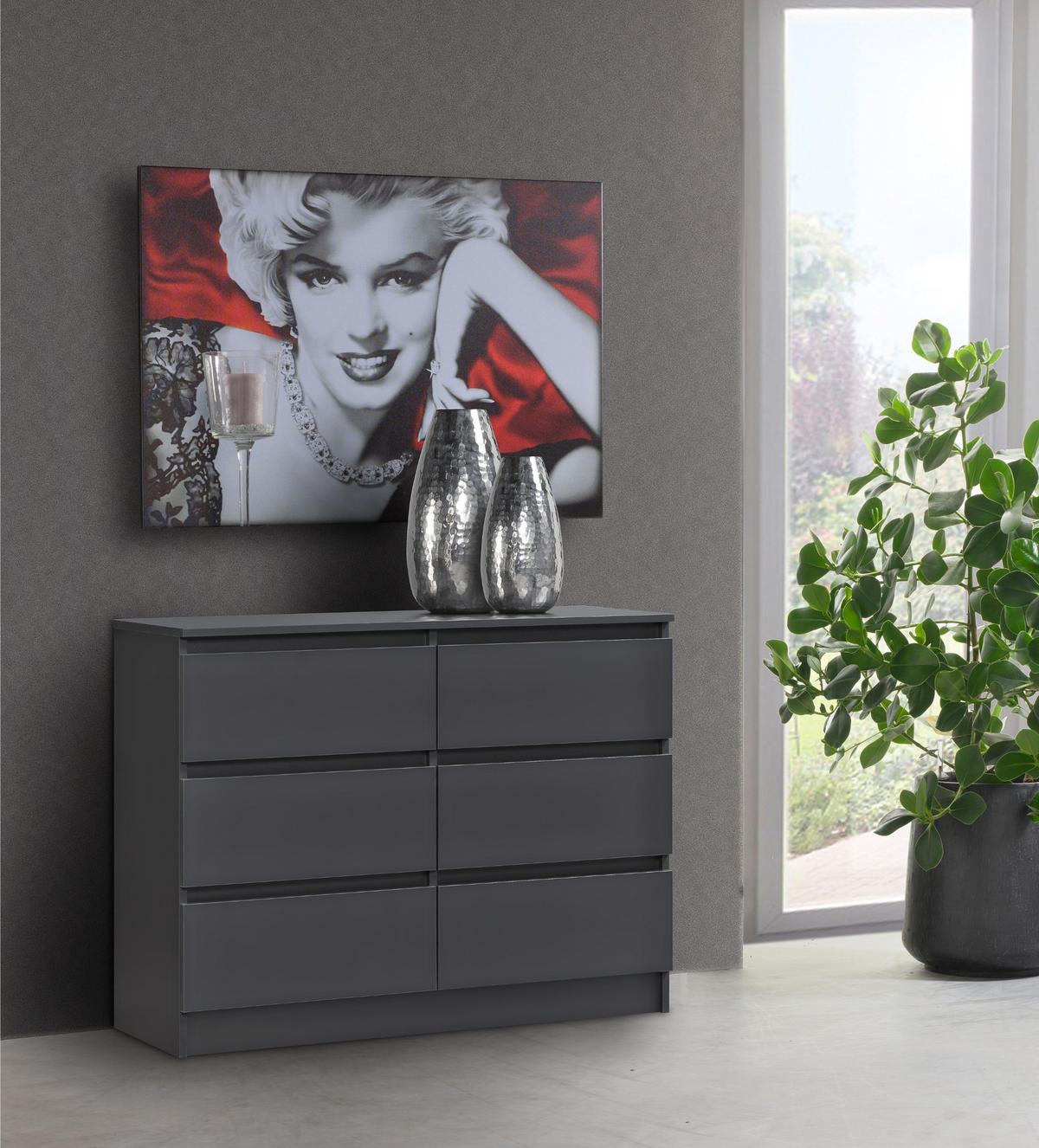 KOMMODE mit 6 Schubladen 100cm breit in anthrazit - Anthrazit, Holz (100/77.5/31cm) - Home Collective