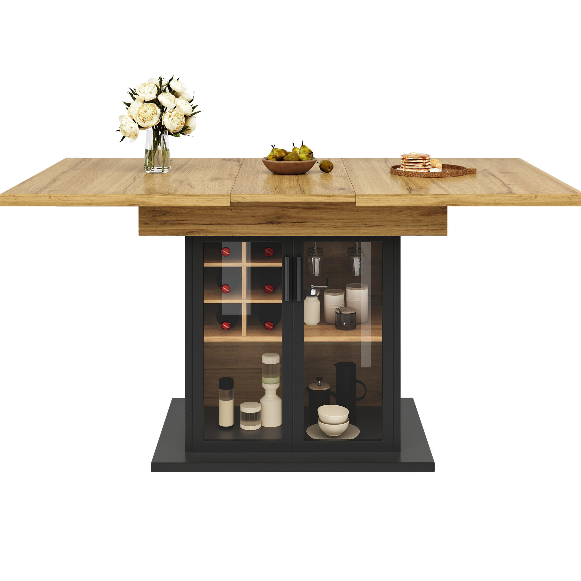 STOL za blagovaonicu 110-140/80 cm, crni MDF, proširivi s vinskim pretincem - crna, drvni materijal (110/80/76cm) - BEAOK