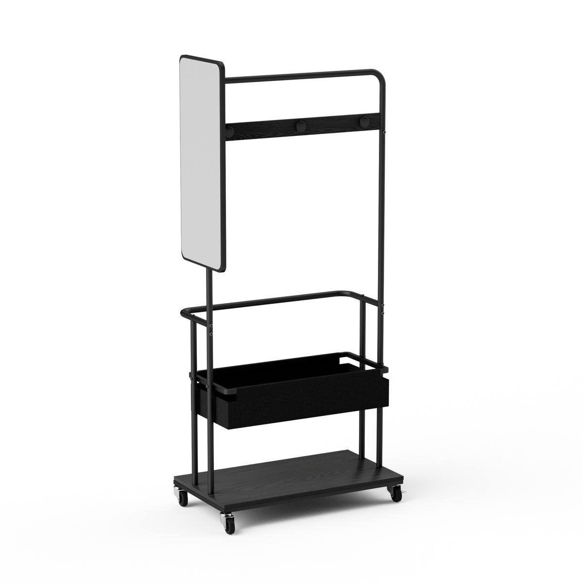GARDEROBE Kleiderständer 70/40/170 cm aus Stahl und Holzwerkstoff mit Rollen, Spiegel und Stoffkorb Schwarz - Schwarz, Holzwerkstoff (70/170/40cm) - Modenvie
