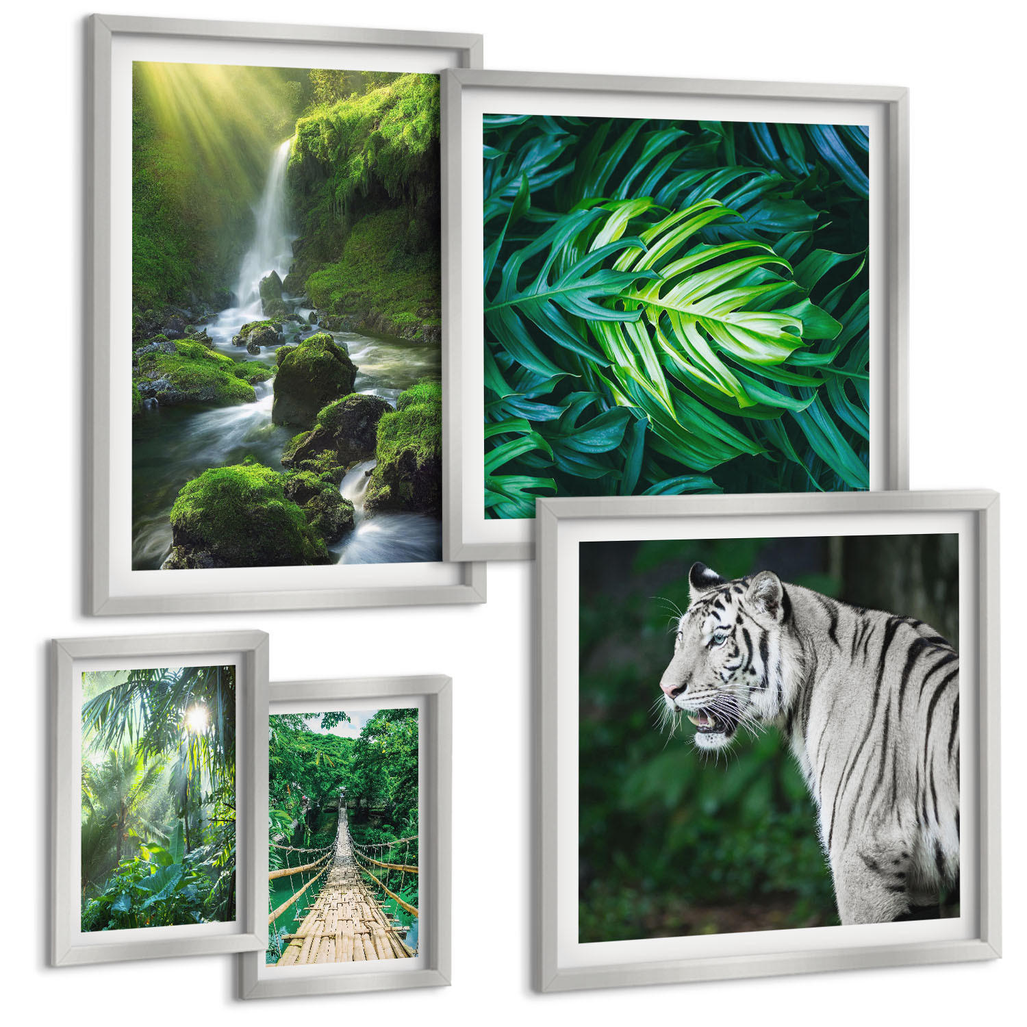 BILDER SET 5er Set - 50x50 cm & 20x30 cm & 40x60 cm Silberner Rahmen - Dschungel-Weißtiger-Wasserfall - Silberfarben, Kunststoff (40/60cm) - TULUP