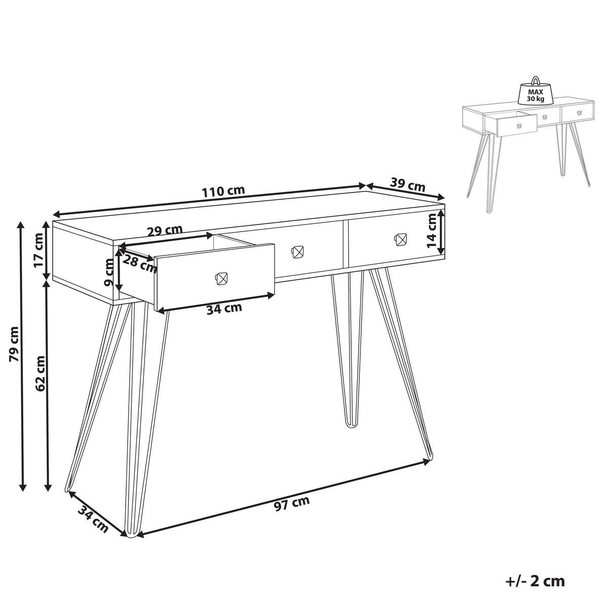 KONSOLENTISCH dunkler Holzfarbton/schwarz 3 Schubladen Malsala - Dunkelbraun/Schwarz, Holzwerkstoff (39/110/79cm) - Beliani