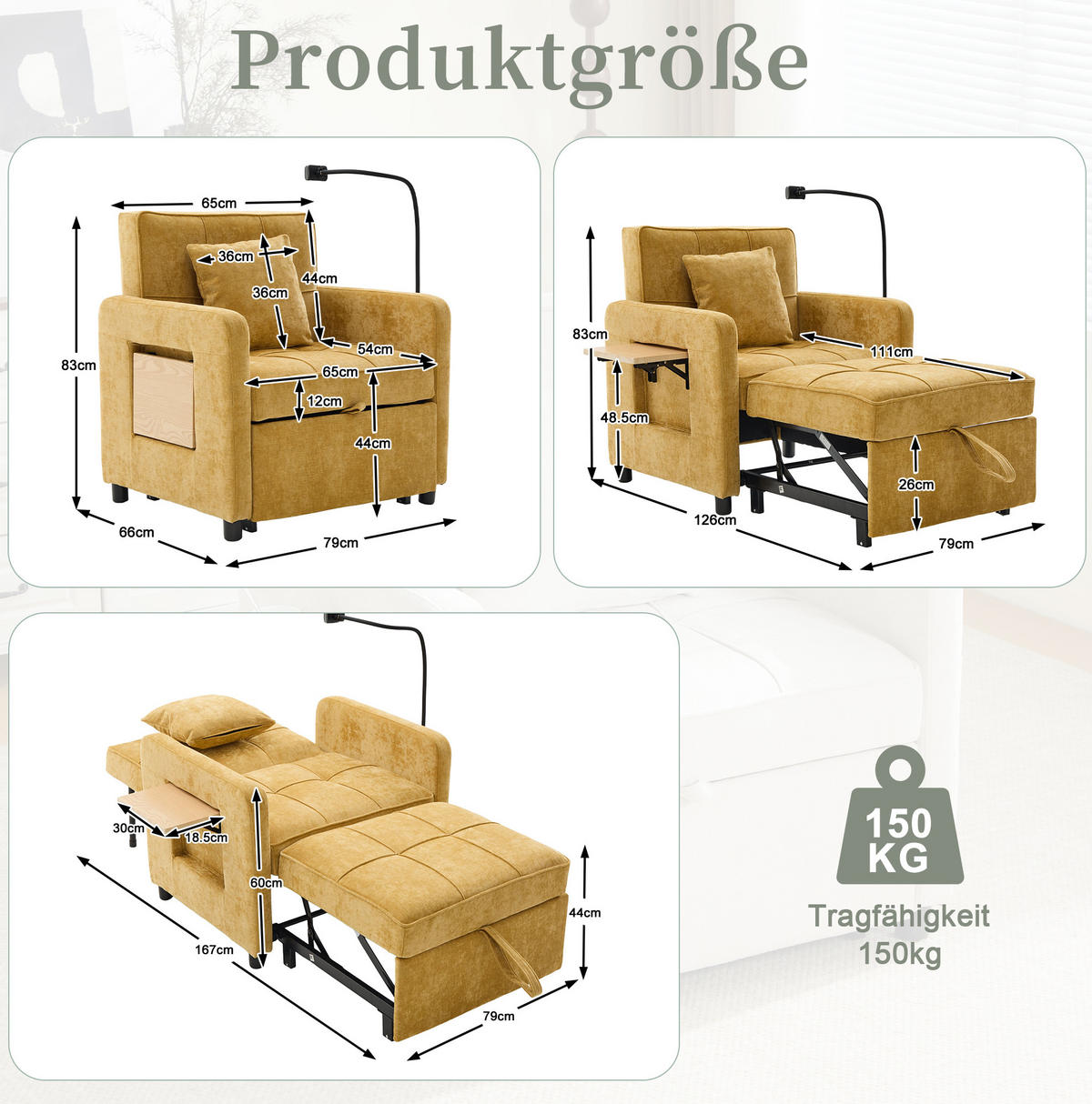 SCHLAFSESSEL 167/79/83 cm in Senfgelb aus Chenille mit Liegefunktion - Currygelb, Textil (167/83/79cm) - BEAOK