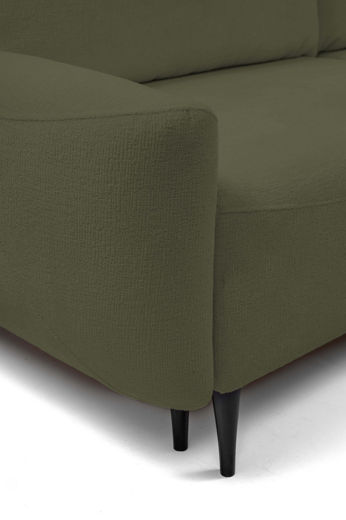 SOFA BOHO Mit Schlaffunktion Und Bettkasten, Wellenfederung, PUR-Schaum, Holzfüße, lose Rückenkissen, freistehend, 244x102x92 cm Olive green - Olivgrün, Holz/Textil (244/92/102cm) - DomoHome