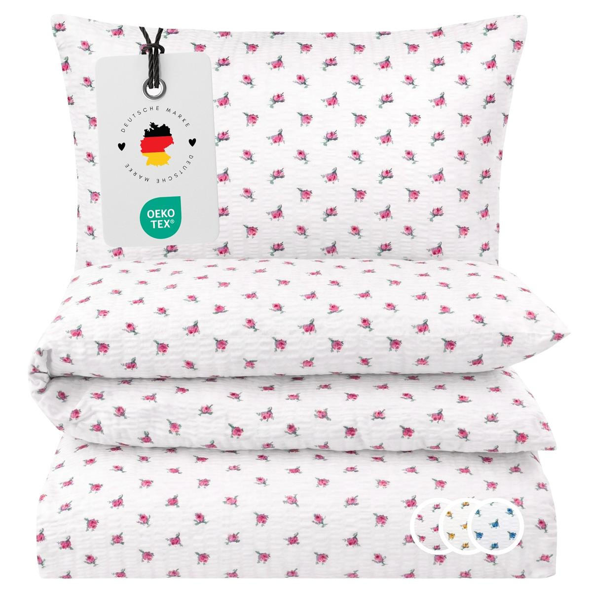 SEERSUCKER-BETTWÄSCHE 155x220 geblümt Sommer Bettbezug Bügelfrei aus 100% Baumwolle, Bettbezüge Blumen Rosen Muster Rosa - Rosa, Textil (155/220cm) - Carpe Sonno