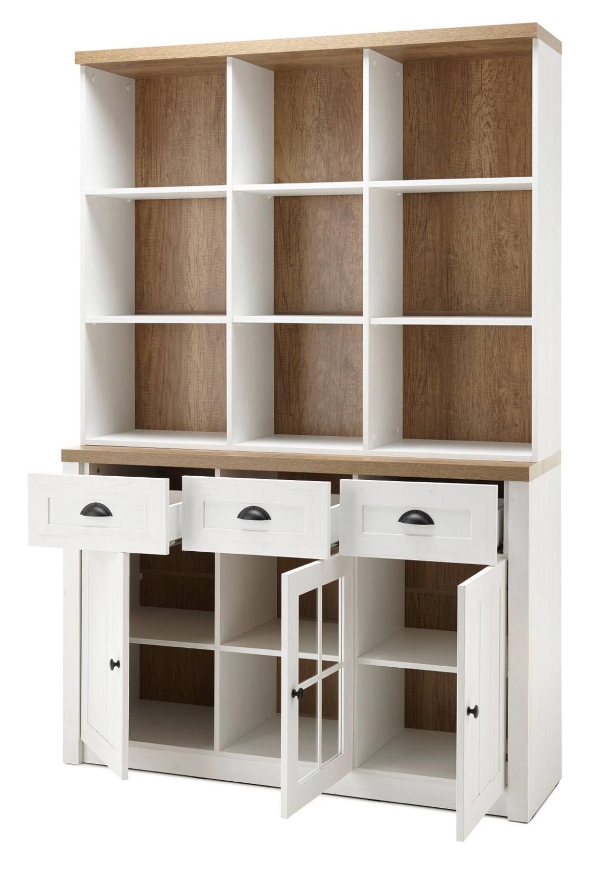 BUFFETSCHRANK weiß Pinie, Eiche hell Landhaus, Buffet 130 x 198 cm - Eichefarben/Schwarz, Holzwerkstoff/Metall (130/198/43cm) - Furn.Design