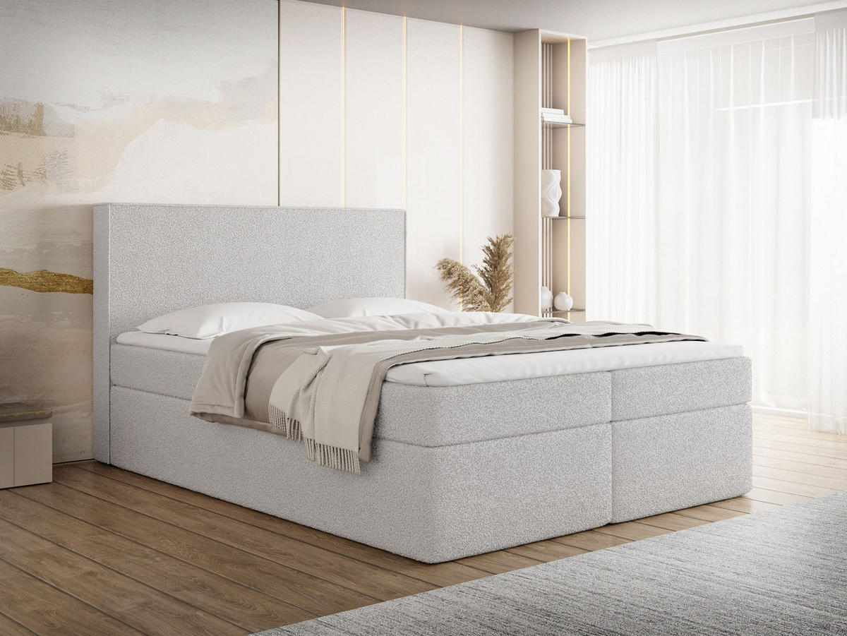 BOXBETT Terra mit Bettkasten, Grau Boucle 140x200 cm – inkl. H3 Matratze und H2 Visco Topper - Hellgrau/Grau, Holzwerkstoff/Kunststoff (140/200cm) - WFL GROUP
