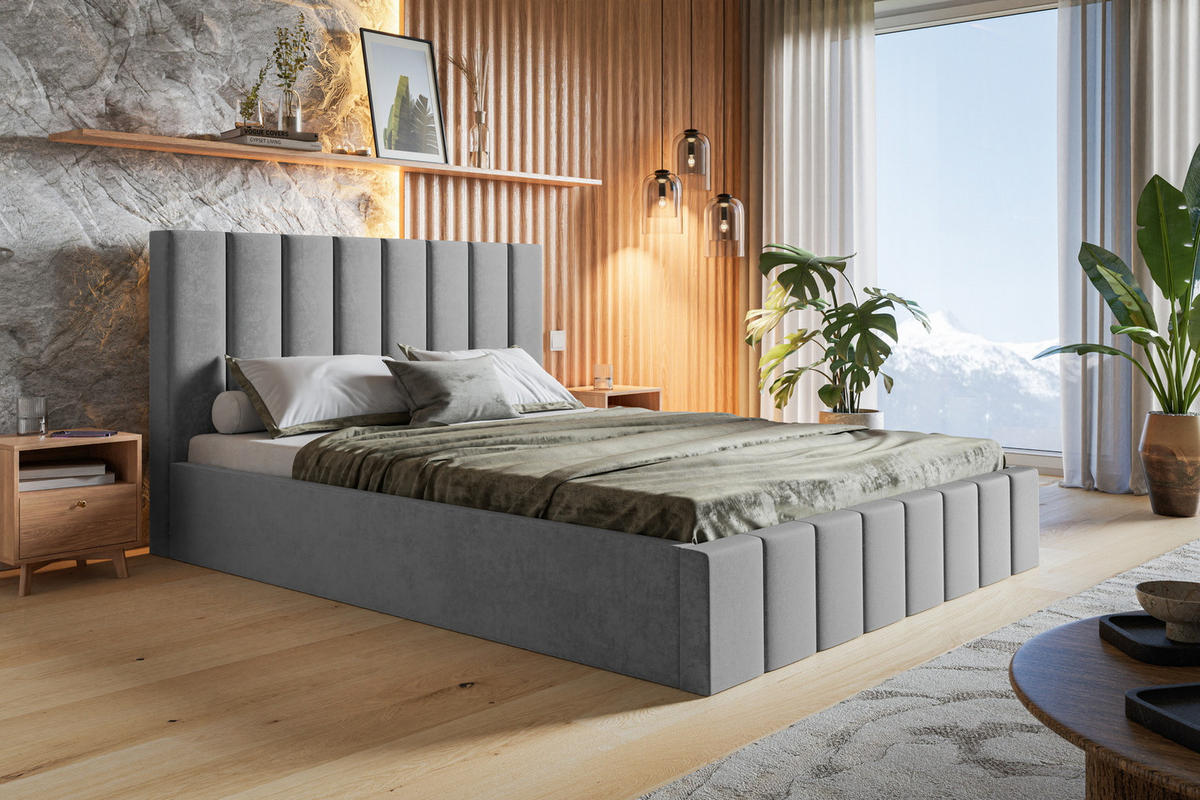 POLSTERBETT 160x200 Moris mit Kopfteil, Bettkasten Lattenrost, Hellgrau - Hellgrau, Holz/Textil (160/200cm) - Emporius