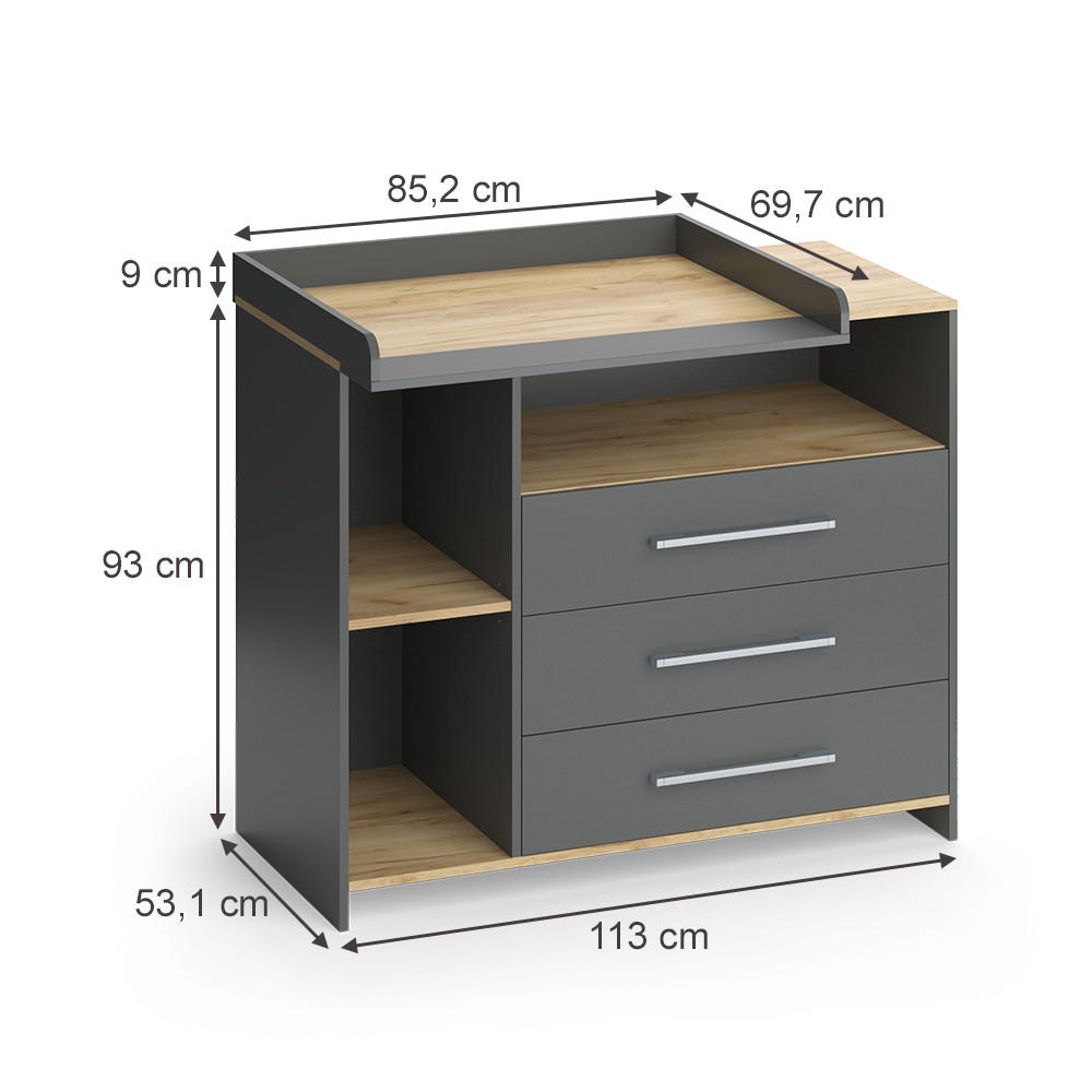 WICKELKOMMODE Oskar Anthrazit/Goldkraft Eiche 113 x 93 cm mit 3 Schubladen - Anthrazit/Eiche Wotan, Holzwerkstoff (113/93/53.1cm) - Vicco