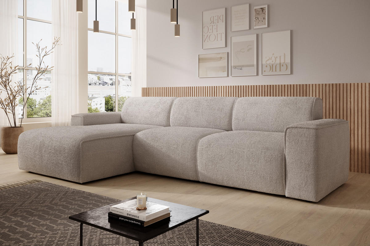 ECKSOFA L Form Didim mini Creme 310/165/78 cm – stilvolle kleine Eckcouch L - Creme/Schwarz, Kunststoff/Textil (165/310cm) - AX Living