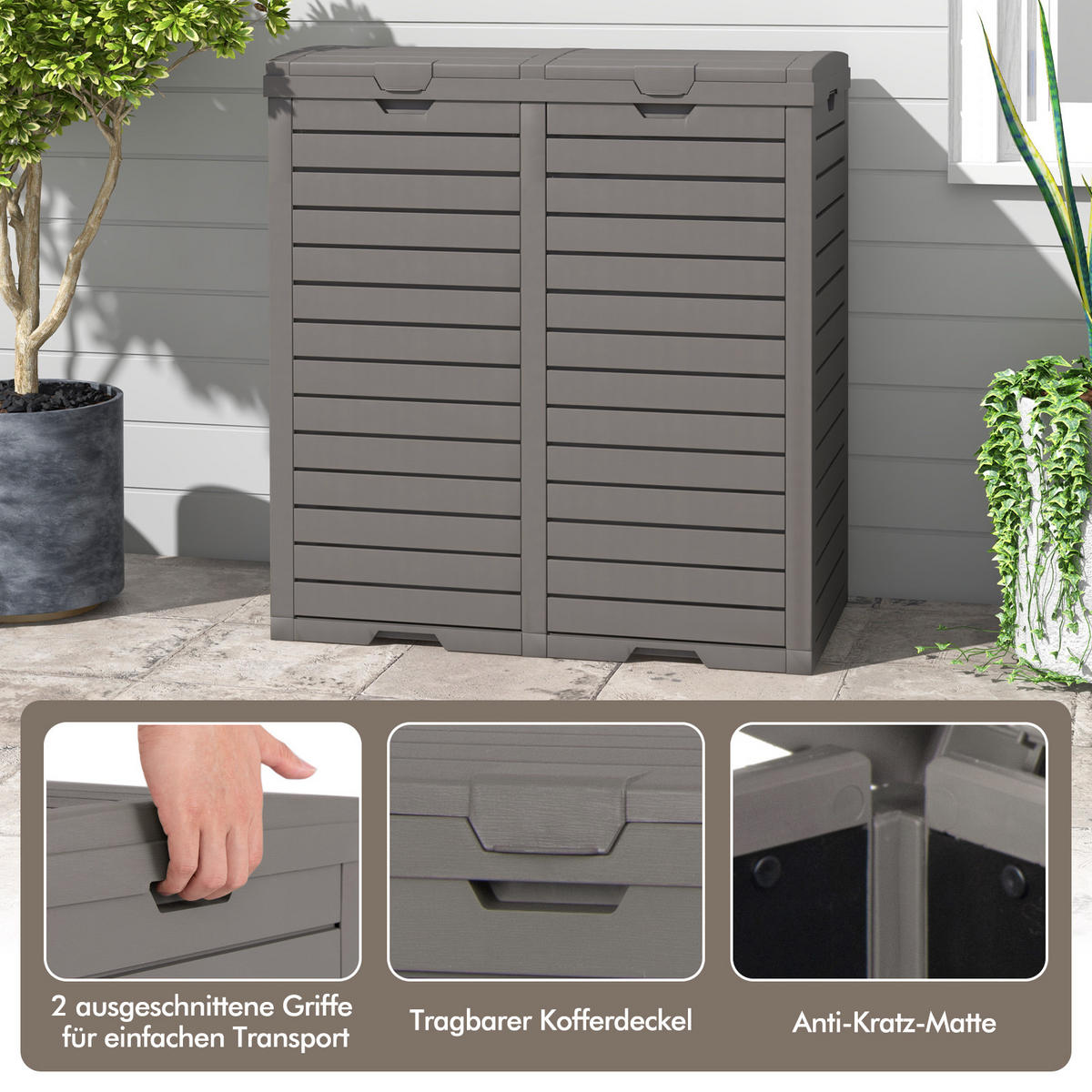 MÜLLEIMER 235 L mit Doppeldeckel braun - Braun, Kunststoff (77/86/40cm) - COSTWAY