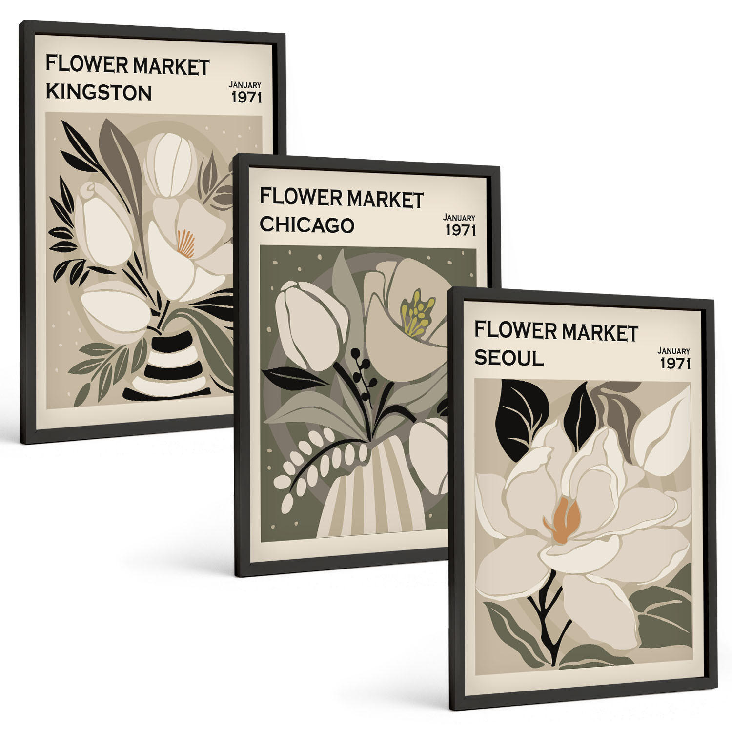 BILDER SET 3er Set - 40x60 cm Schwarzer Rahmen - Blumen Kingston Seoul Chicago Retro - Schwarz, Kunststoff (40/60cm) - TULUP