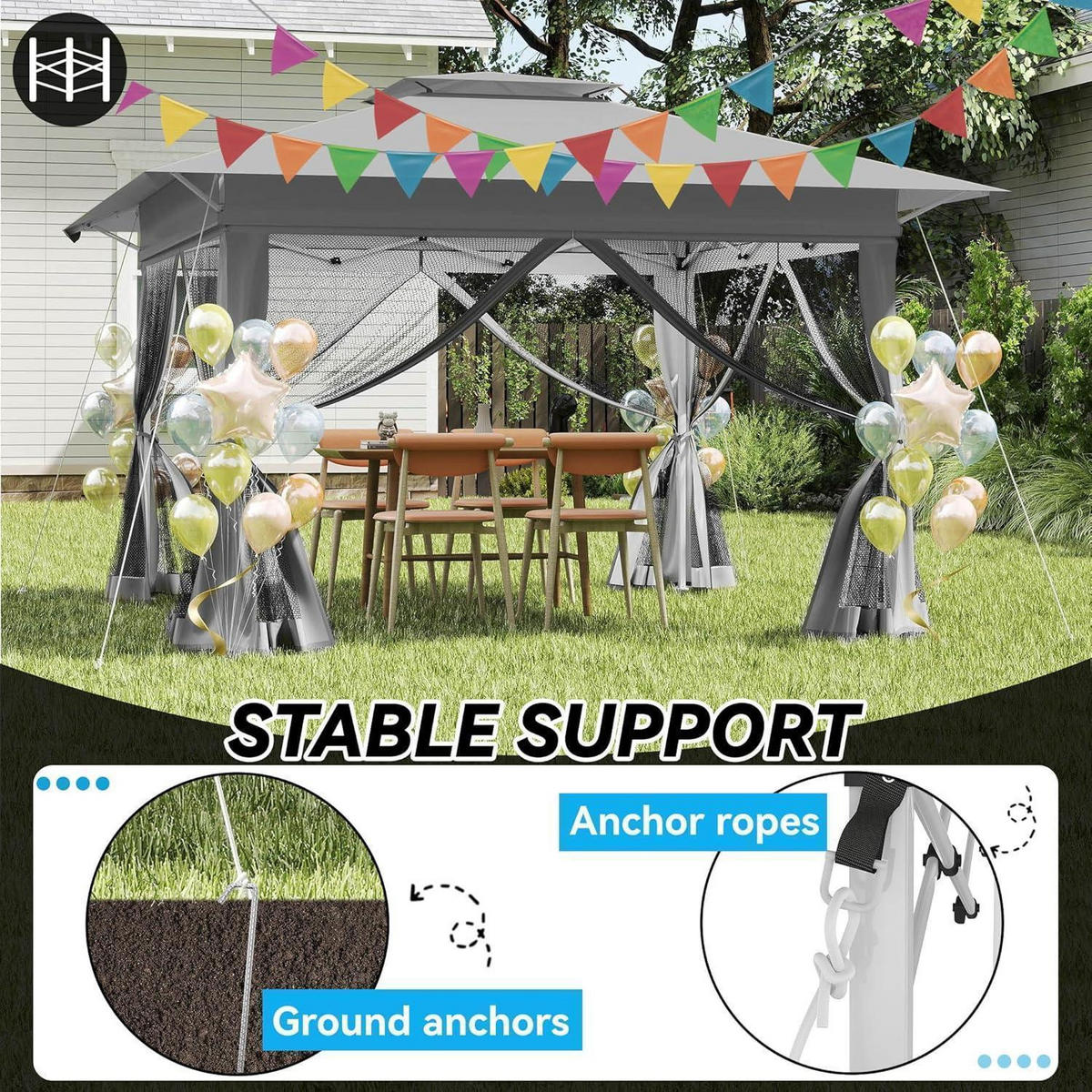 GARTENPAVILLON 4x4 Pop up Stabil Winterfest mit Doppeldach und Moskitonetz Silbergrau - Grau, Metall (400/225/400cm)
