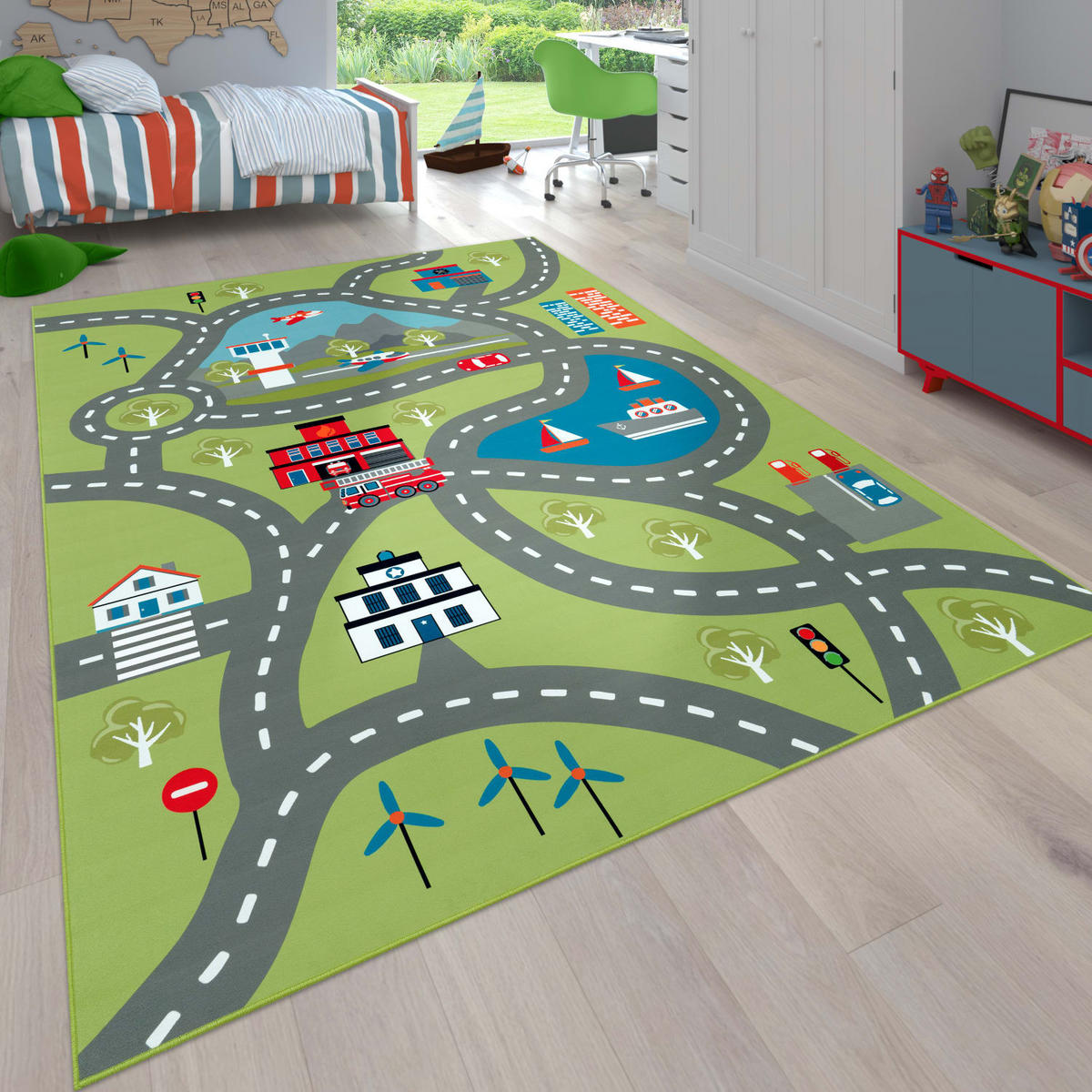 KINDERTEPPICH waschmaschinenwaschbar Verkehrsinfrastruktur‑Muster Kinderzimmer schmutzabweisend Grün Rechteckig 100x200 - Grün, Textil (100/200cm) - KADIMA DESIGN