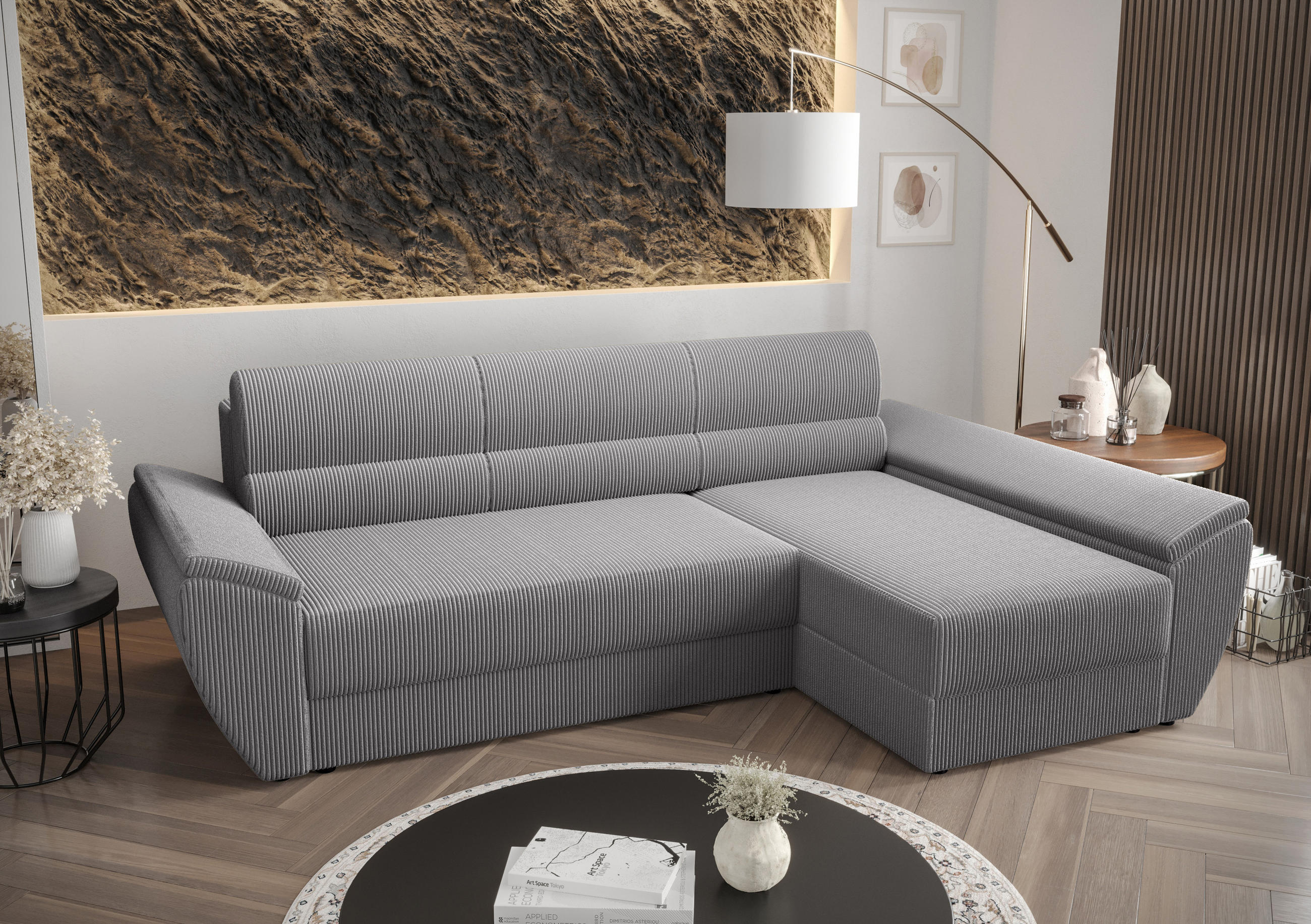 ECKSOFA L REBI L3 Poso 110 Rechts mit Schlaffunktion, Hellgrau - Hellgrau, Textil (251/140cm)