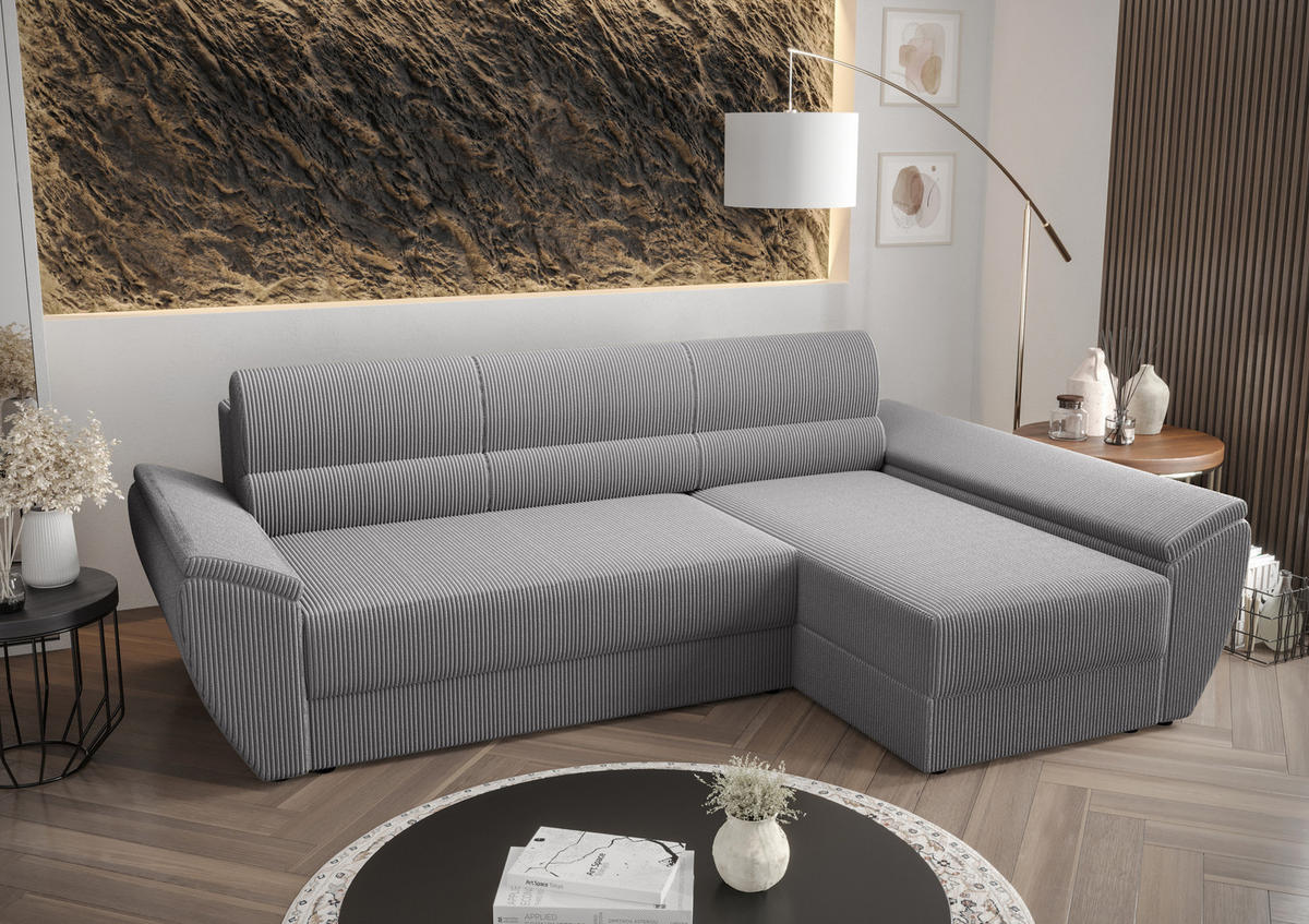 ECKSOFA L REBI L3 Poso 110 Rechts mit Schlaffunktion, Hellgrau - Hellgrau, Textil (251/140cm)