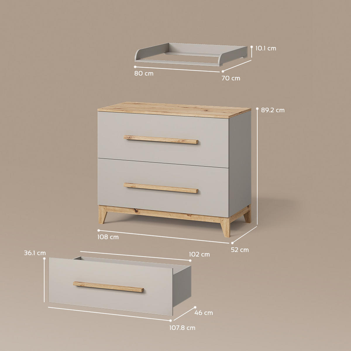 WICKELKOMMODE Mailo Cashmere/Artisan mit 2 Schubladen - Kaschmir/Eiche Artisan, Holzwerkstoff (108/98/70cm) - Livinity®