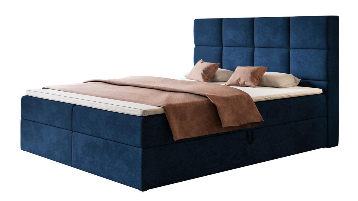 BOXBETT ROMA mit 2 Bettkästen, 140x200, Farbe: Dunkelblau, Velourstoff, Doppelbett mit Bonell-Matratze - Dunkelblau, Holz/Kunststoff (140/200cm) - Alpi-Möbel