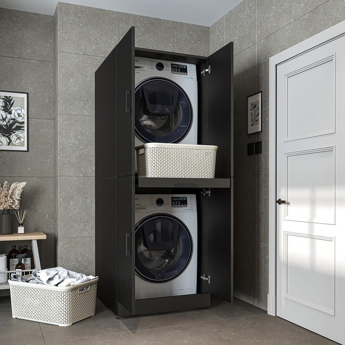 WASCHMASCHINENSCHRANK DORA-I 70cm Breit - Schwarz, Holzwerkstoff (70/186/74cm)