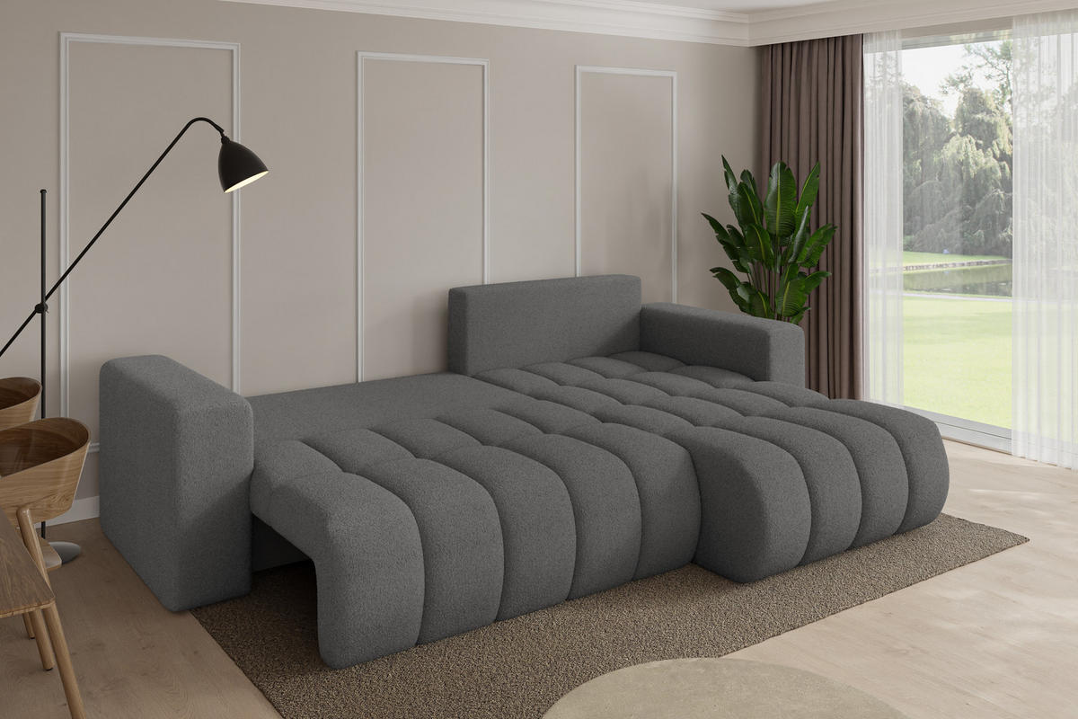 ROHOVÁ SEDAČKA s funkcí spaní, otoman vpravo MILA-L-v1 277x195x86 šedá bouclé - šedá/černá, kompozitní dřevo/textil (277/194cm) - ALTDECOR