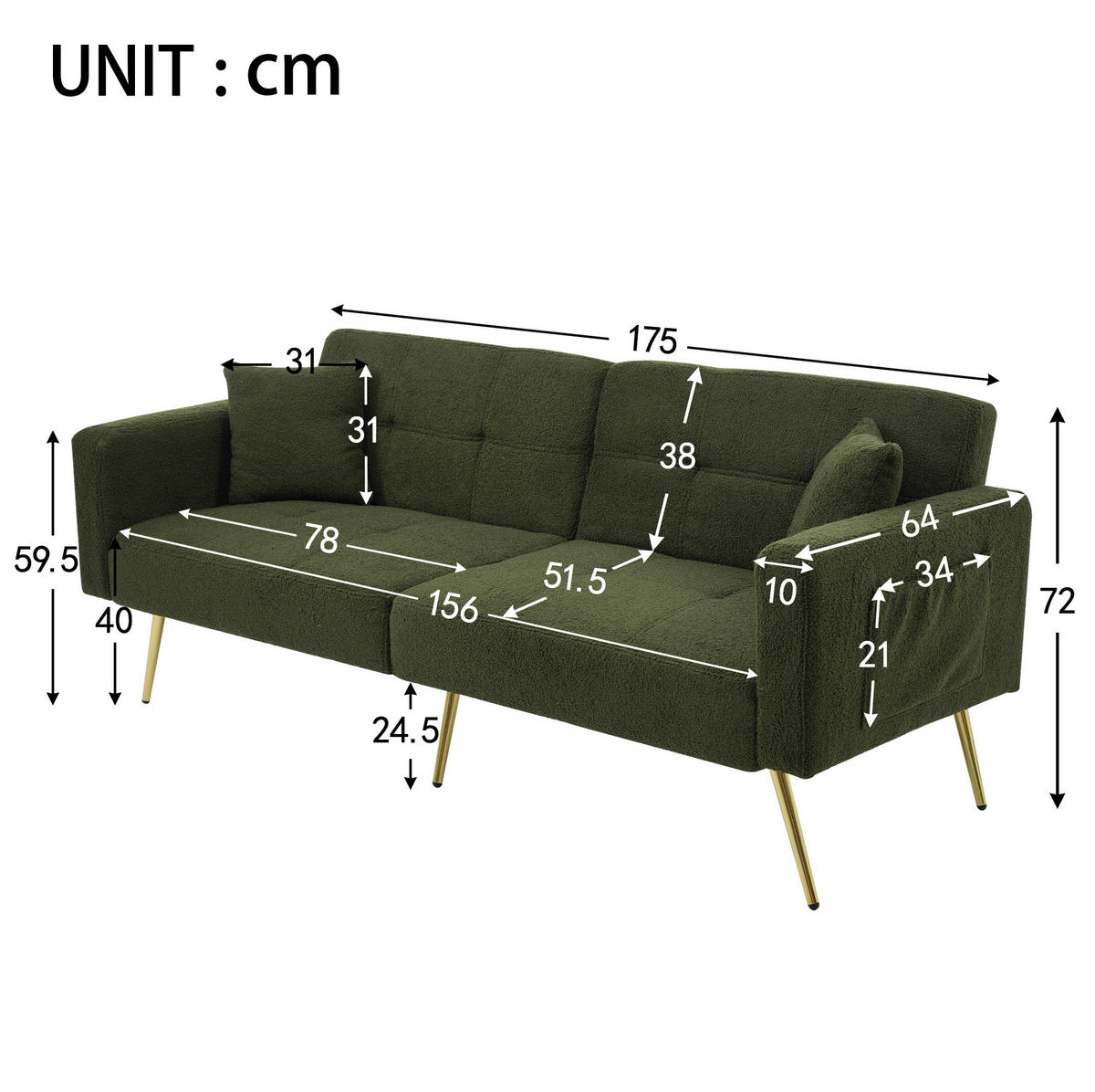 SCHLAFSOFA aus Lammwollstoff 175x64x72 cm Antikgrün mit verstellbarer Rückenlehne, Bettfunktion und Seitentaschen - Grün, Kunststoff (64/72/175cm) - Modfu