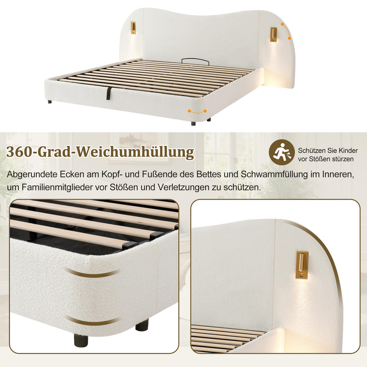 POLSTERBETT 180/200 cm in Weiß mit Bettkasten, LED und USB Bouclé - Weiß, Holzwerkstoff/Textil (180/200cm) - STILVORA