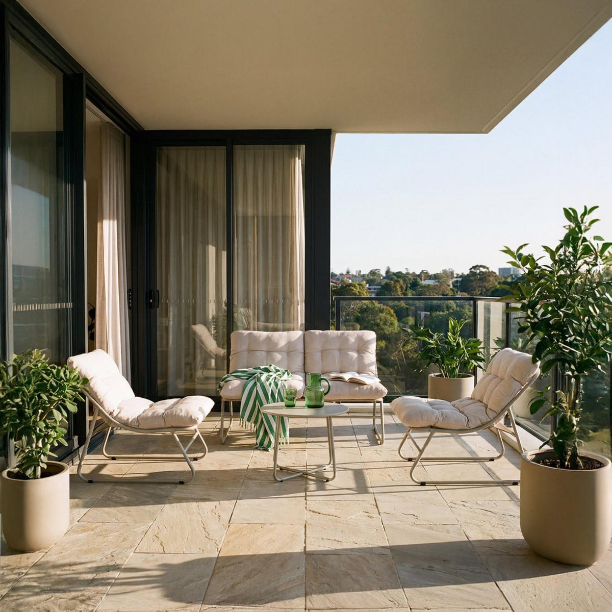 GARTEN-SET mit 2-Sitzer-Sofa, 2 Sesseln und Couchtisch aus beigem Metall Kiet - Beige, Metall - Klast Home