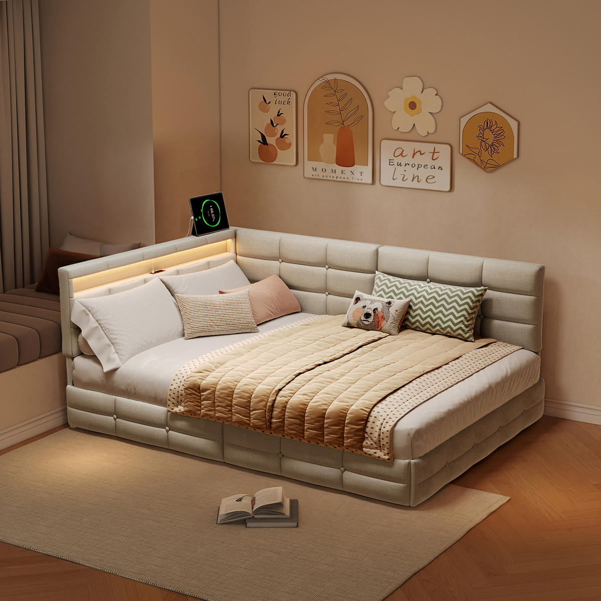 BETT 140x200 cm mit L-förmigem Kopfteil, 2 Schubladen, USB-Ladeanschluss, LED-Licht, Leinenstoff, Beige - Beige, Holz (140/200cm) - BRILVERDE