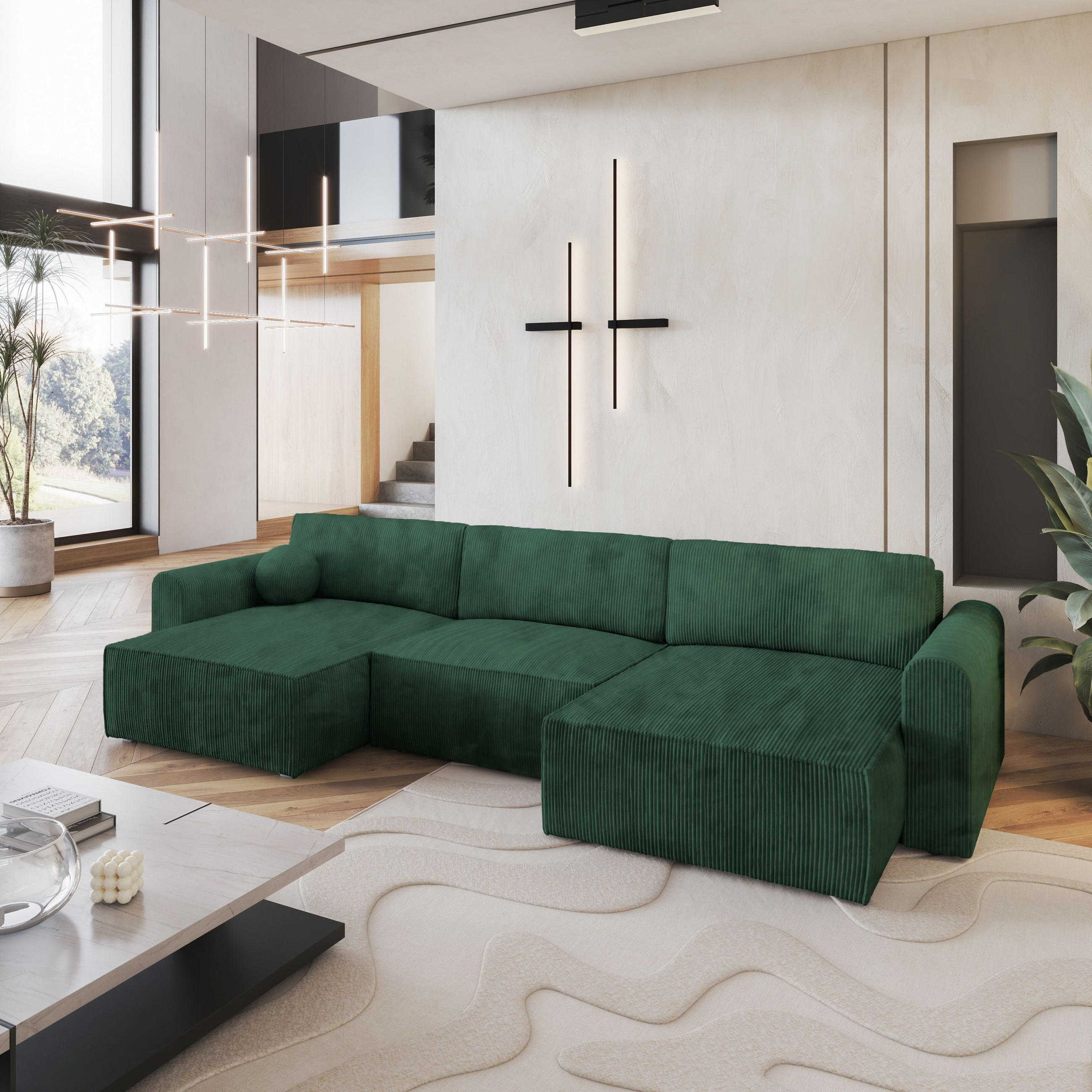 WOHNLANDSCHAFT FENTO P Grün Kordstoff mit Schlaffunktion - Grün, Holz (347/90/148cm) - MASSENO